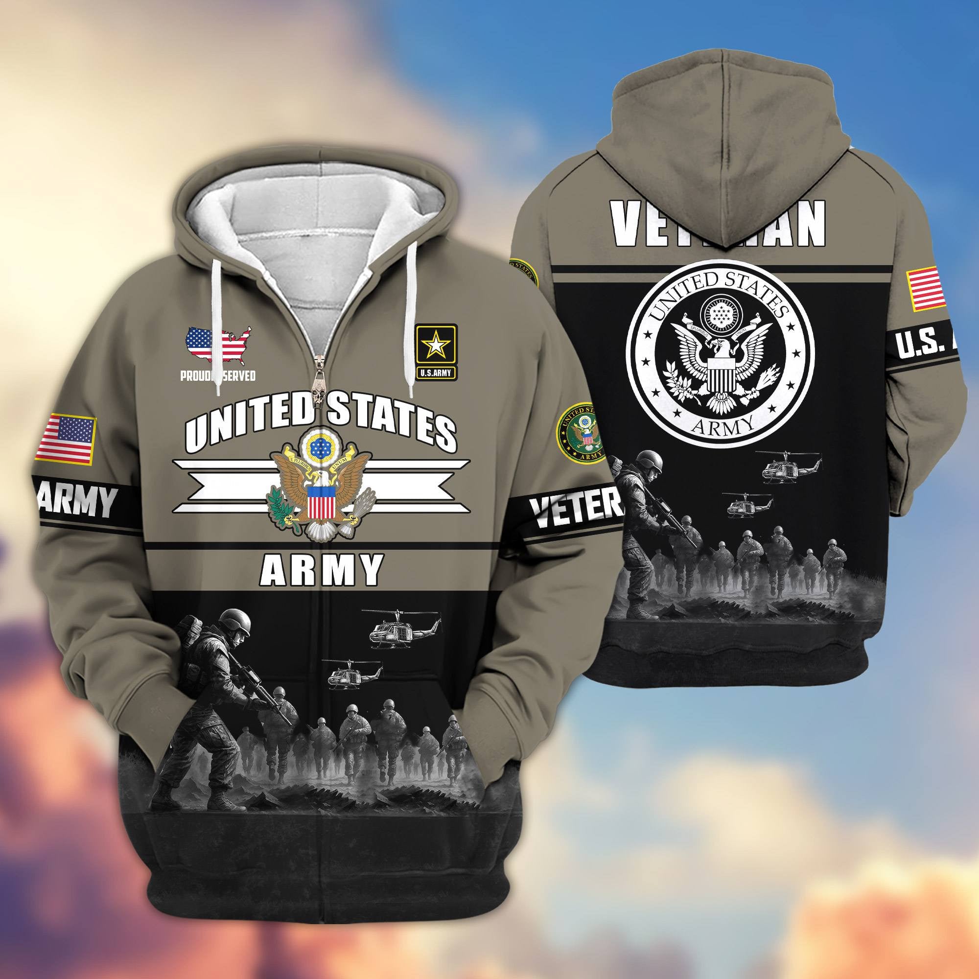 Premium US Veterans Zip Hoodie, Gifts For US Veterans, Gifts On Father's Day, Veterans Day.