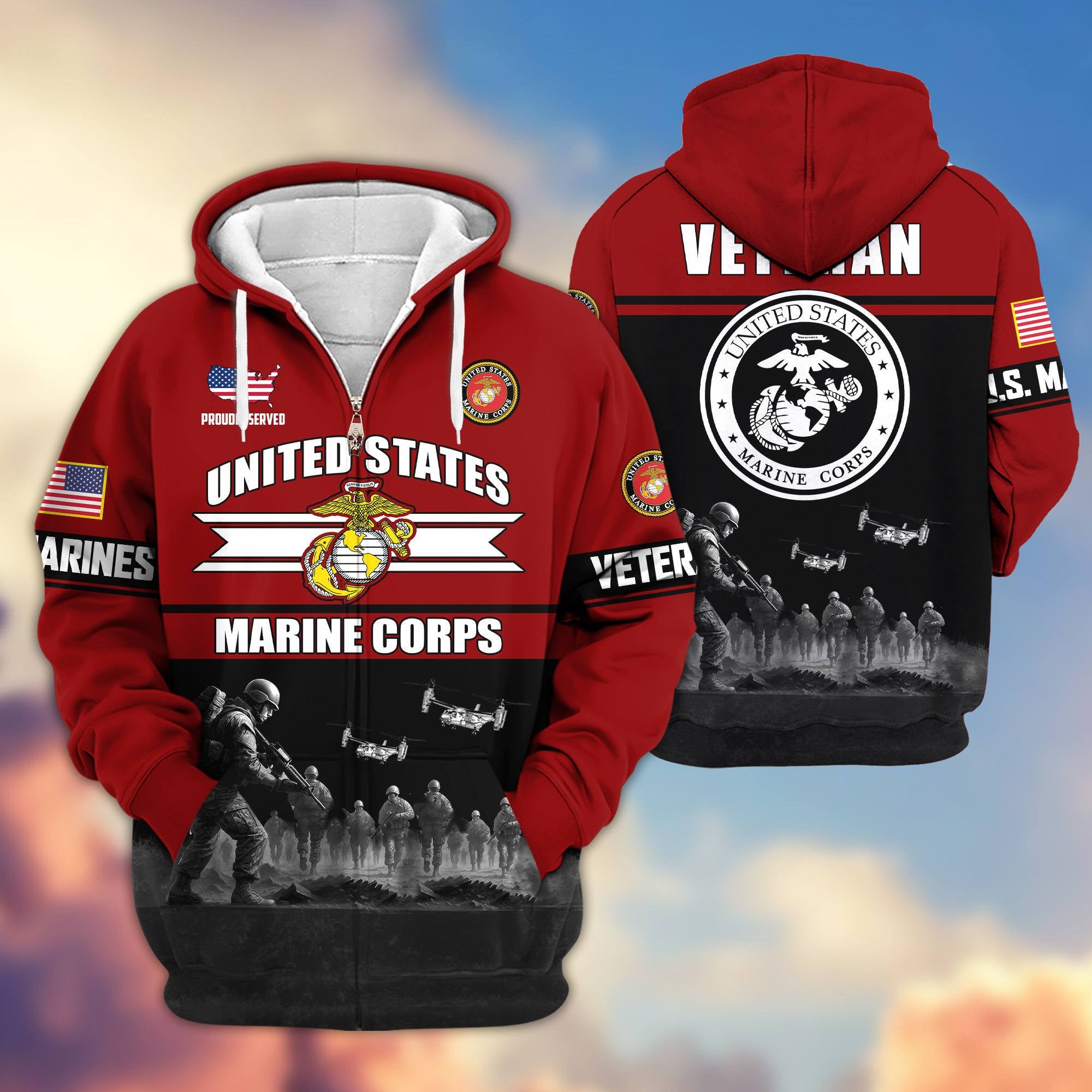 Premium US Veterans Zip Hoodie, Gifts For US Veterans, Gifts On Father's Day, Veterans Day.