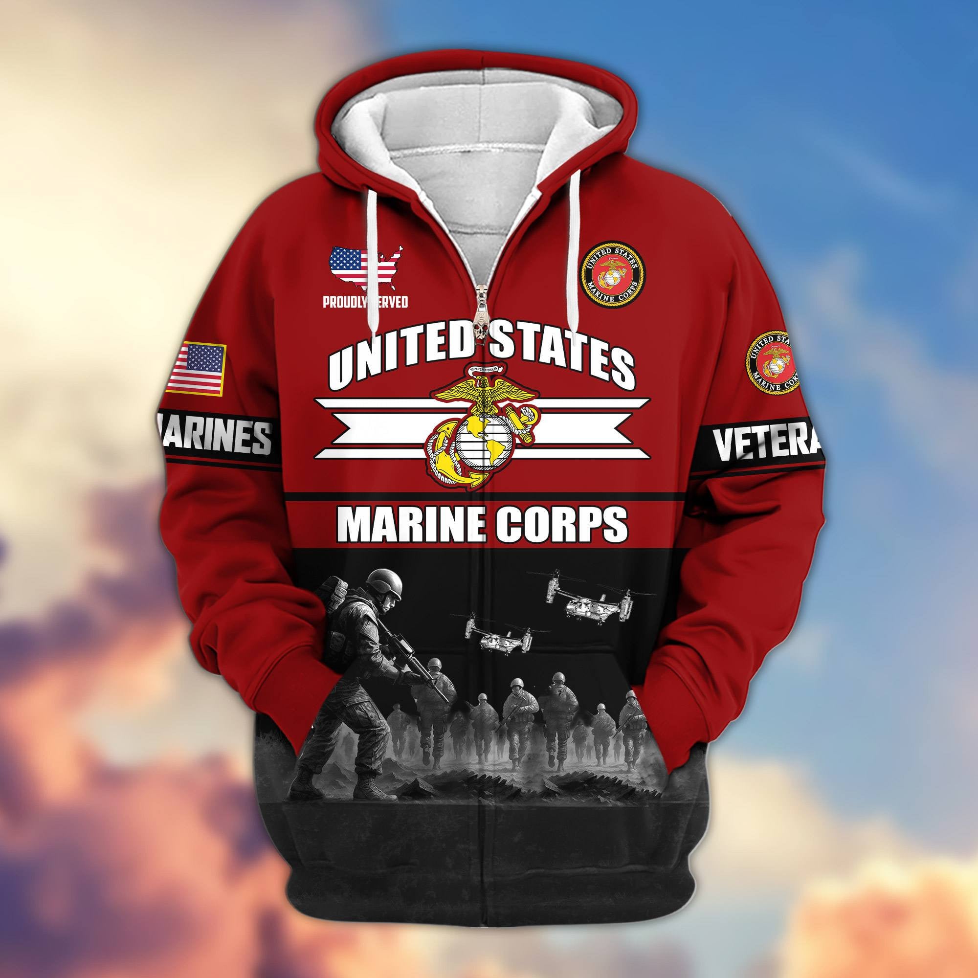 Premium US Veterans Zip Hoodie, Gifts For US Veterans, Gifts On Father's Day, Veterans Day.