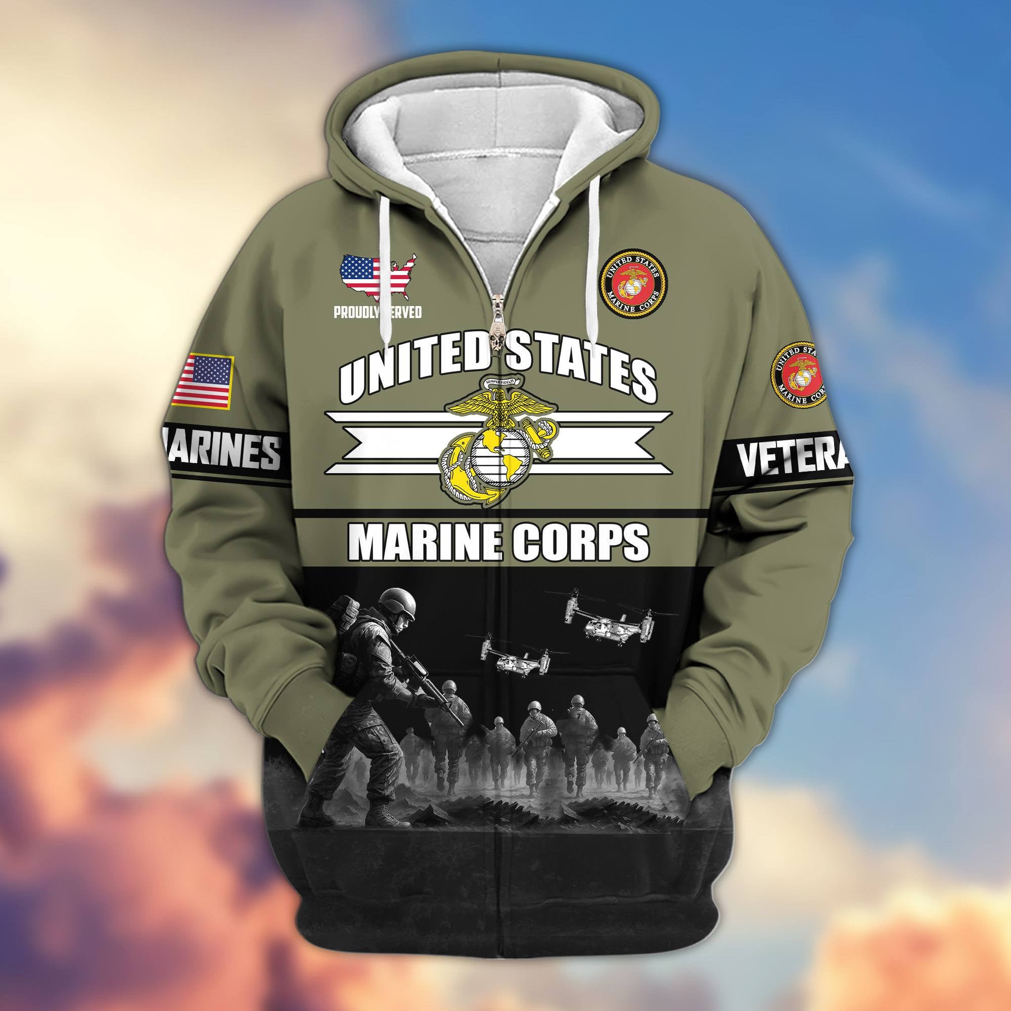 Premium US Veterans Zip Hoodie, Gifts For US Veterans, Gifts On Father's Day, Veterans Day.