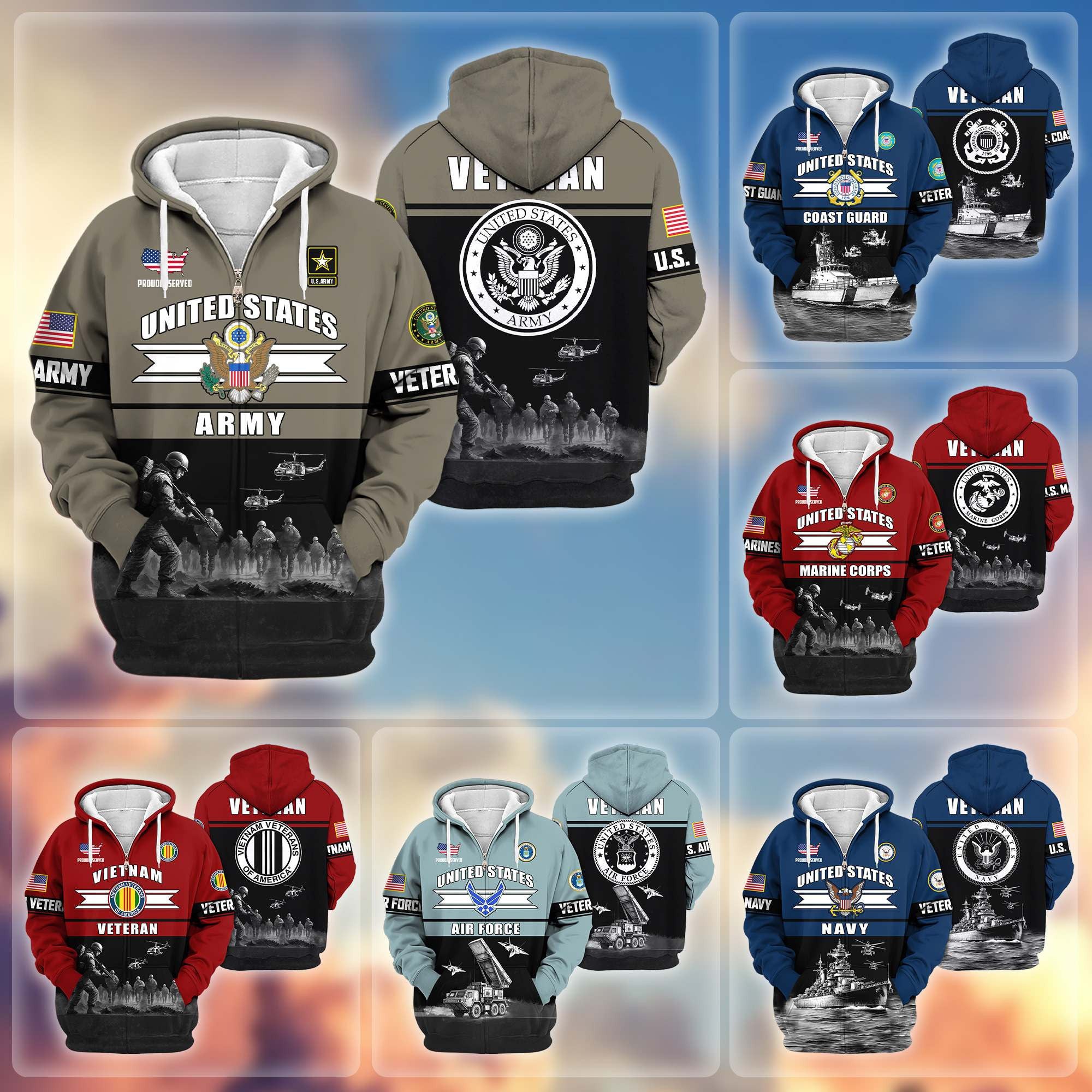 Premium US Veterans Zip Hoodie, Gifts For US Veterans, Gifts On Father's Day, Veterans Day.