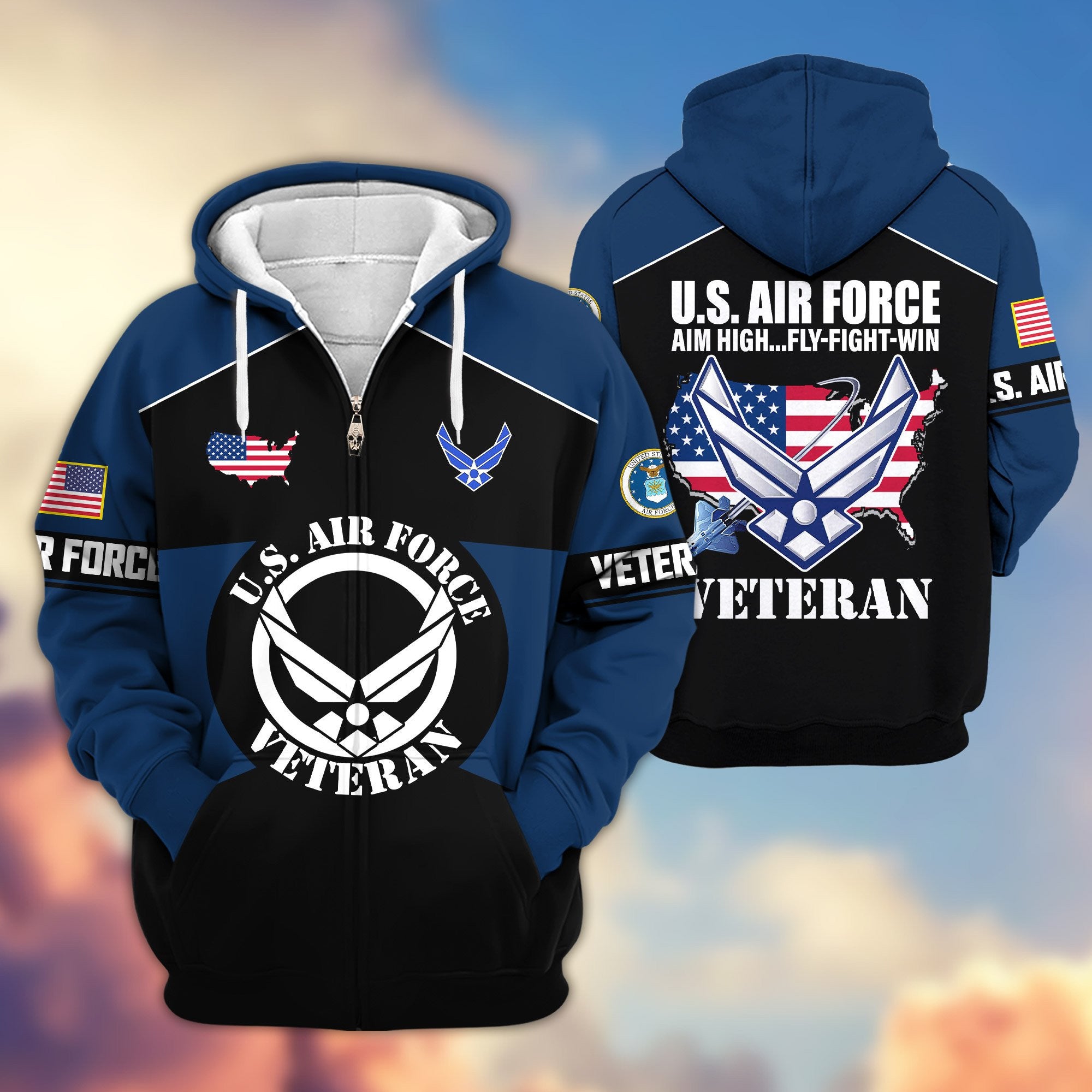 Premium US Veterans Zip Hoodie, Gifts For US Veterans, Gifts On Father's Day, Veterans Day.