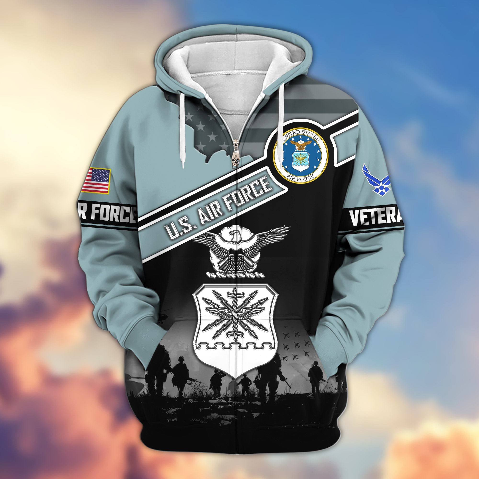 Premium US Veterans Zip Hoodie, Gifts For US Veterans, Gifts On Father's Day, Veterans Day.