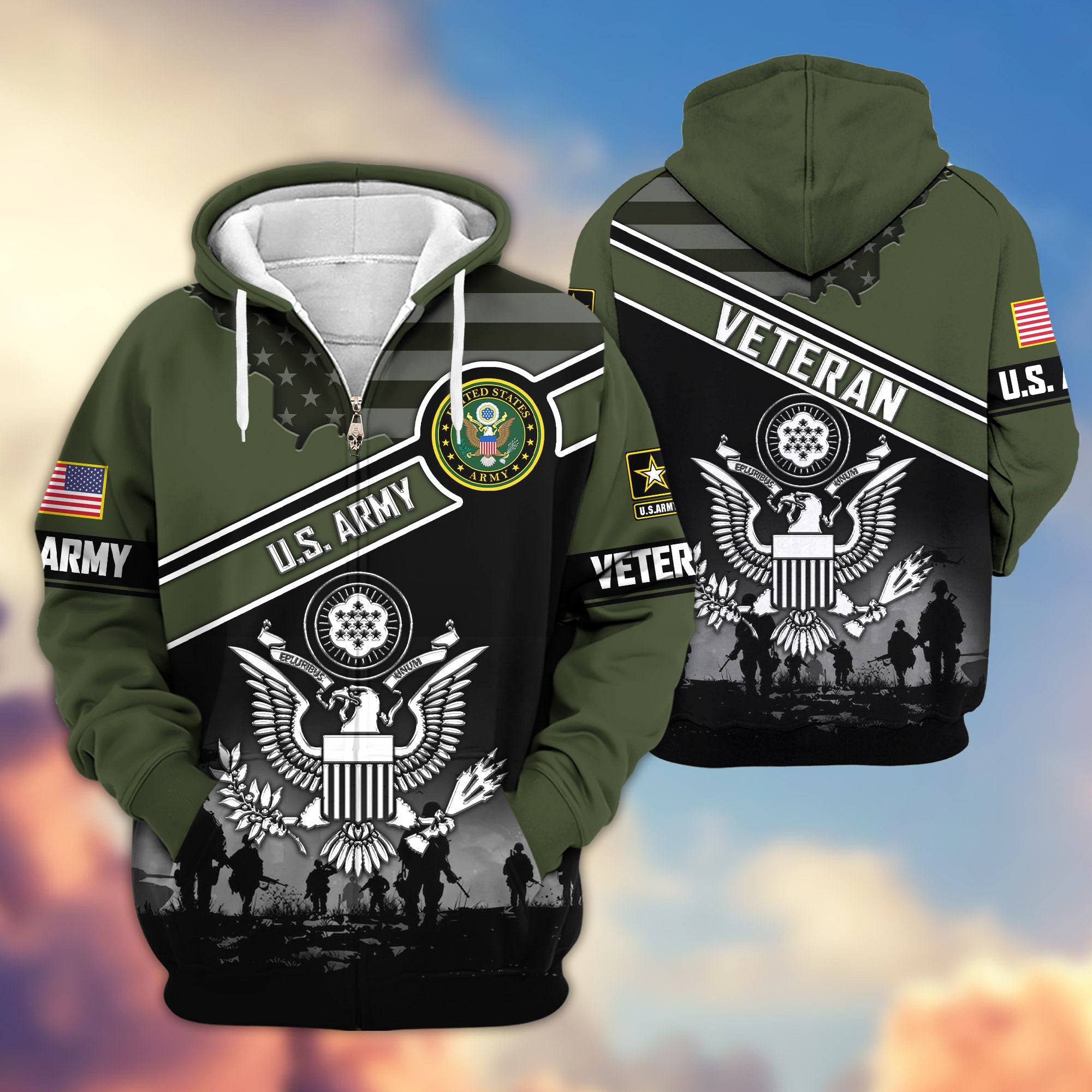 Premium US Veterans Zip Hoodie, Gifts For US Veterans, Gifts On Father's Day, Veterans Day.