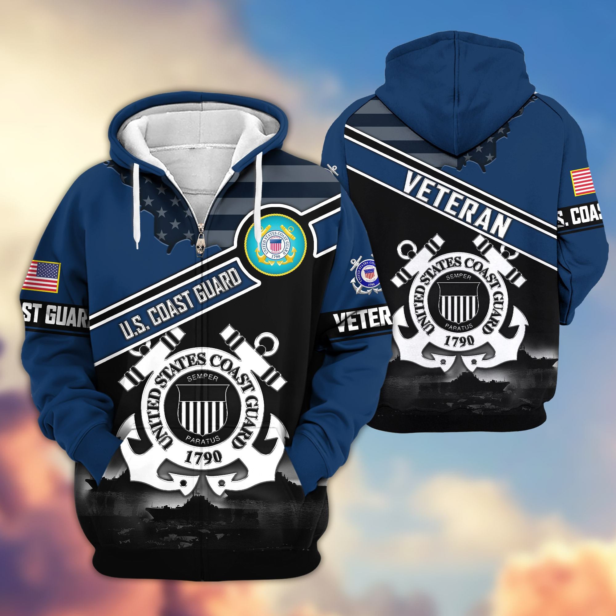 Premium US Veterans Zip Hoodie, Gifts For US Veterans, Gifts On Father's Day, Veterans Day.