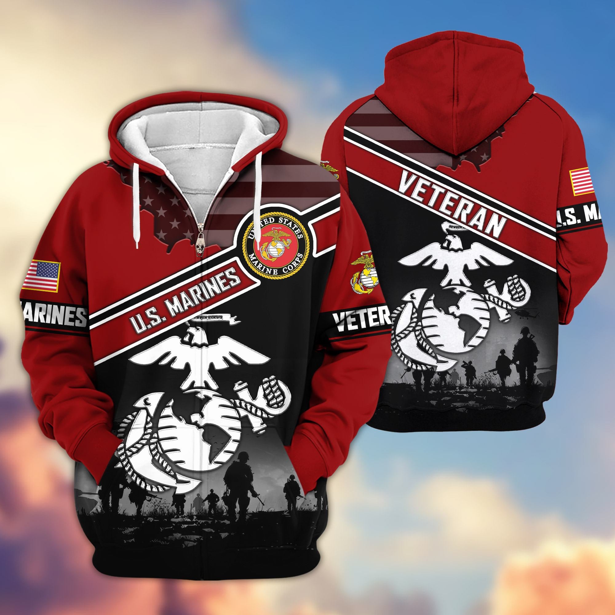 Premium US Veterans Zip Hoodie, Gifts For US Veterans, Gifts On Father's Day, Veterans Day.