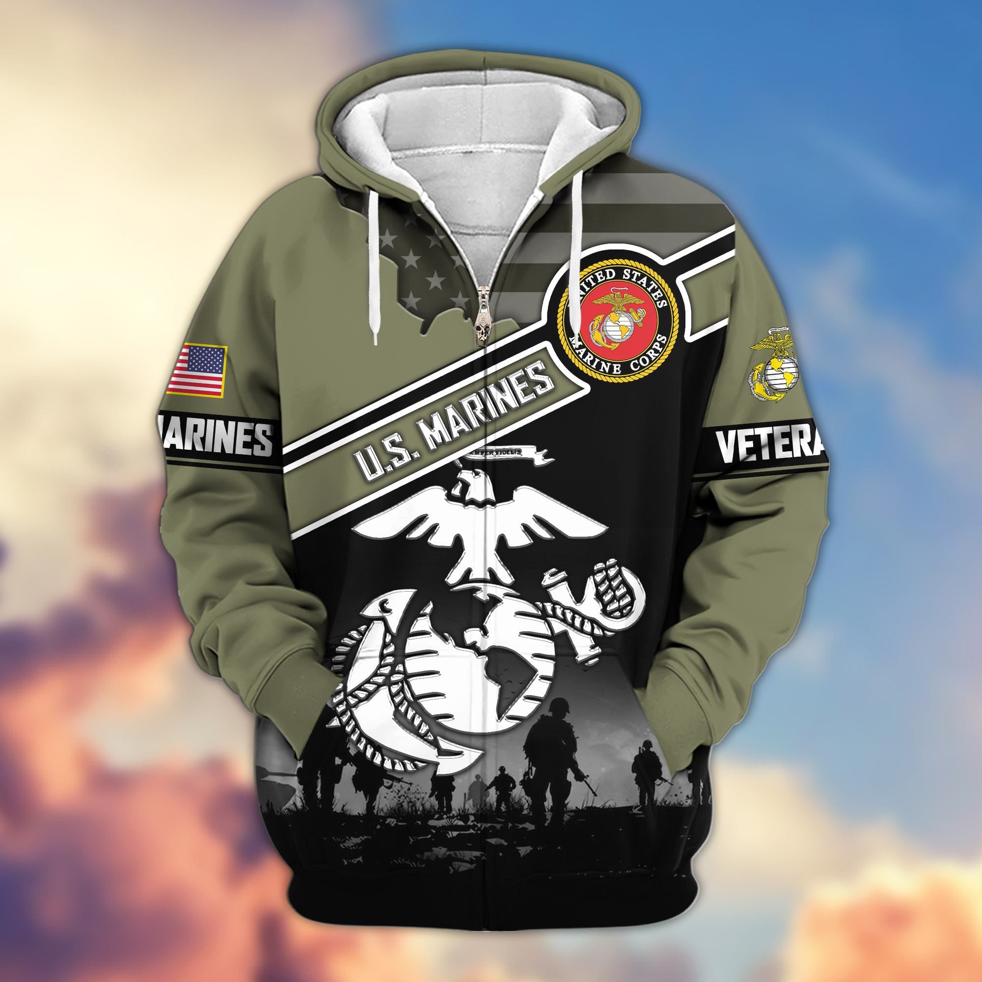 Premium US Veterans Zip Hoodie, Gifts For US Veterans, Gifts On Father's Day, Veterans Day.