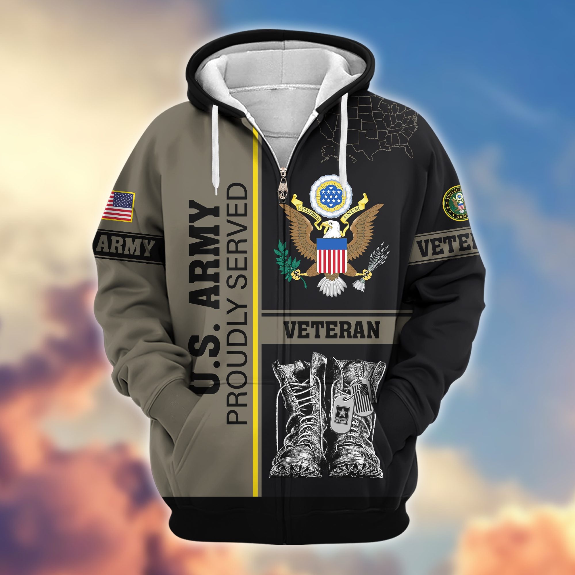 Premium US Veterans Zip Hoodie, Gifts For US Veterans, Gifts On Father's Day, Veterans Day.