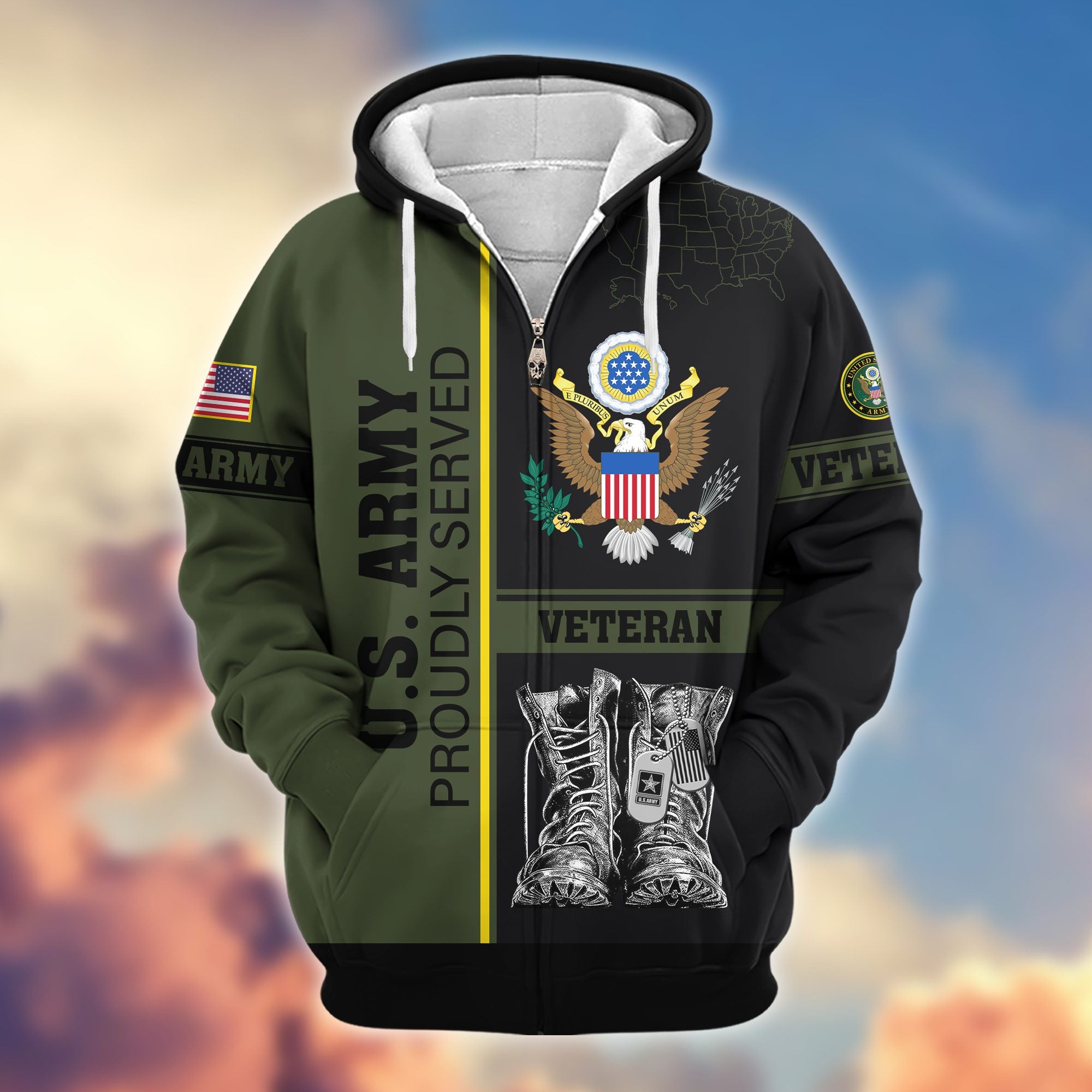 Premium US Veterans Zip Hoodie, Gifts For US Veterans, Gifts On Father's Day, Veterans Day.