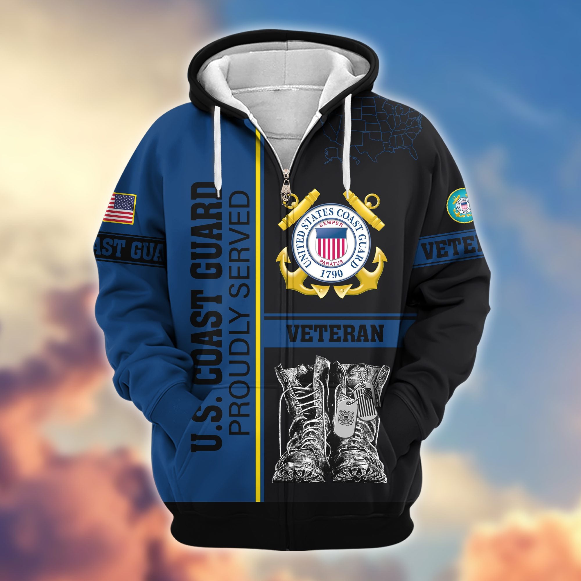 Premium US Veterans Zip Hoodie, Gifts For US Veterans, Gifts On Father's Day, Veterans Day.