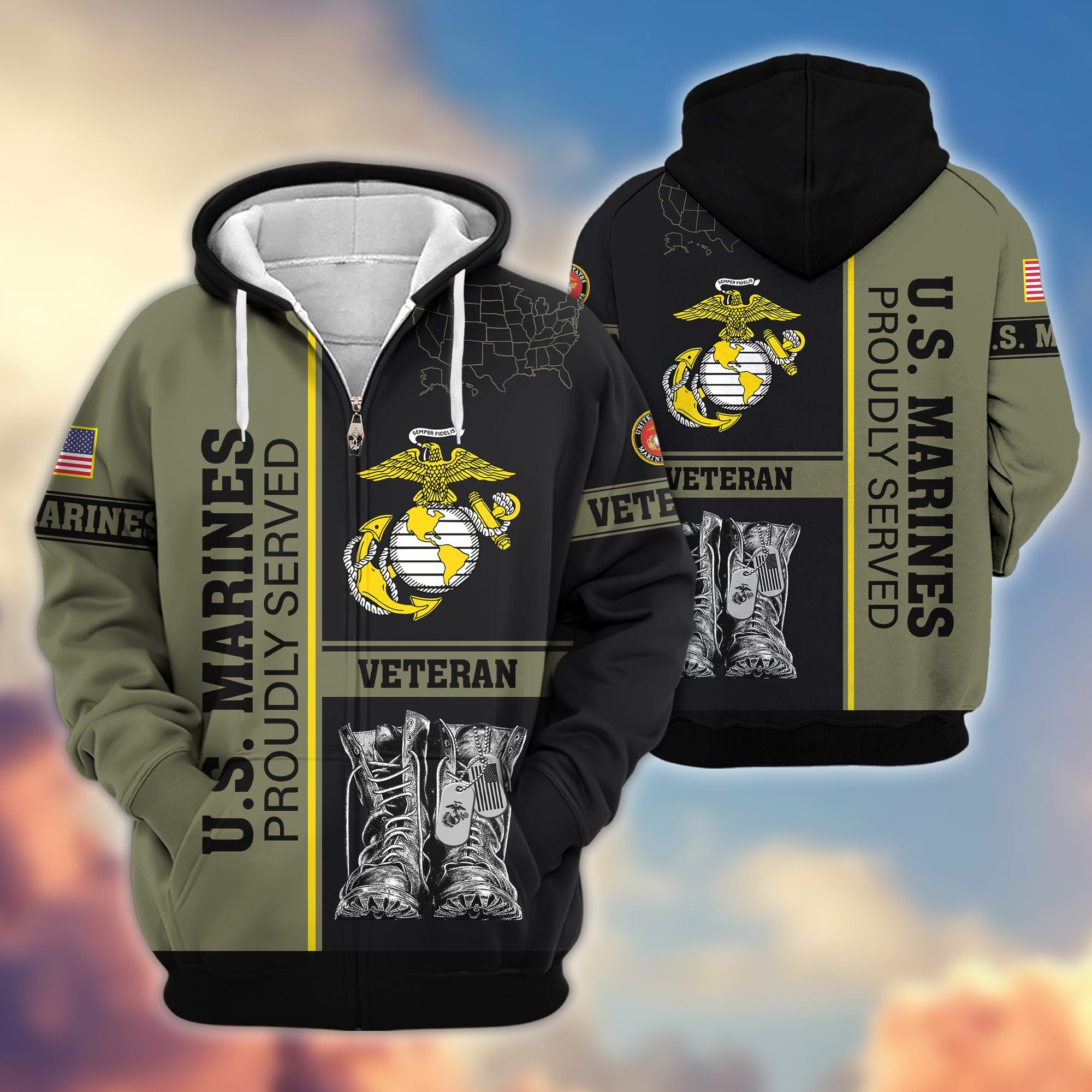 Premium US Veterans Zip Hoodie, Gifts For US Veterans, Gifts On Father's Day, Veterans Day.