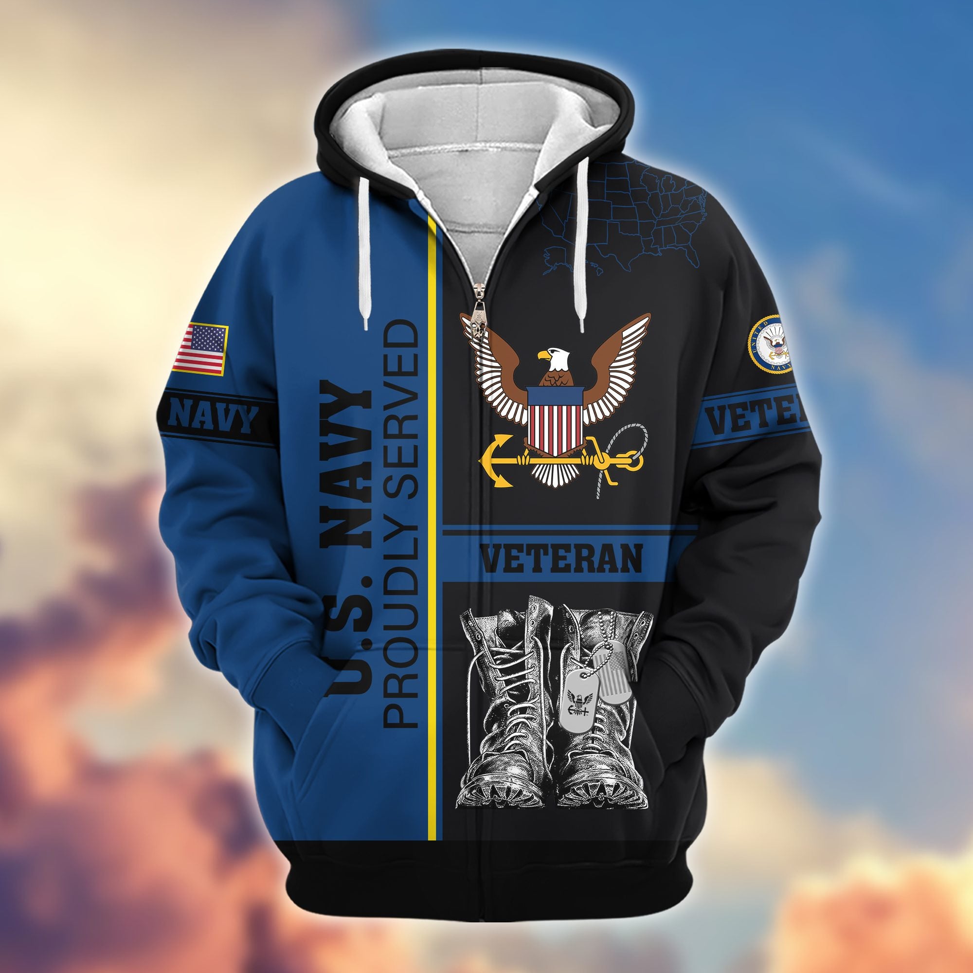 Premium US Veterans Zip Hoodie, Gifts For US Veterans, Gifts On Father's Day, Veterans Day.