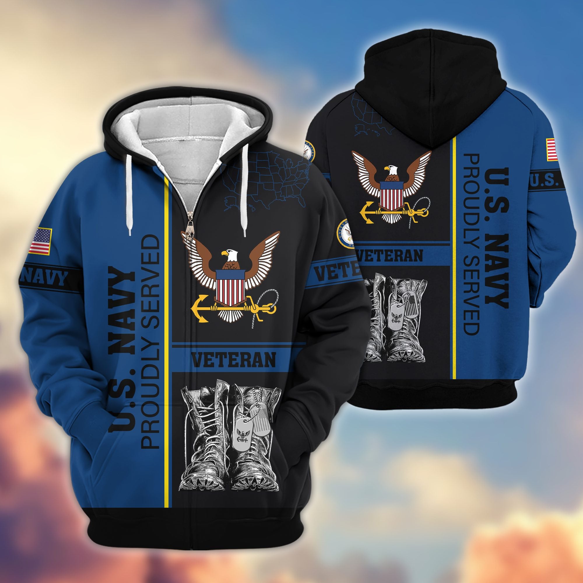 Premium US Veterans Zip Hoodie, Gifts For US Veterans, Gifts On Father's Day, Veterans Day.