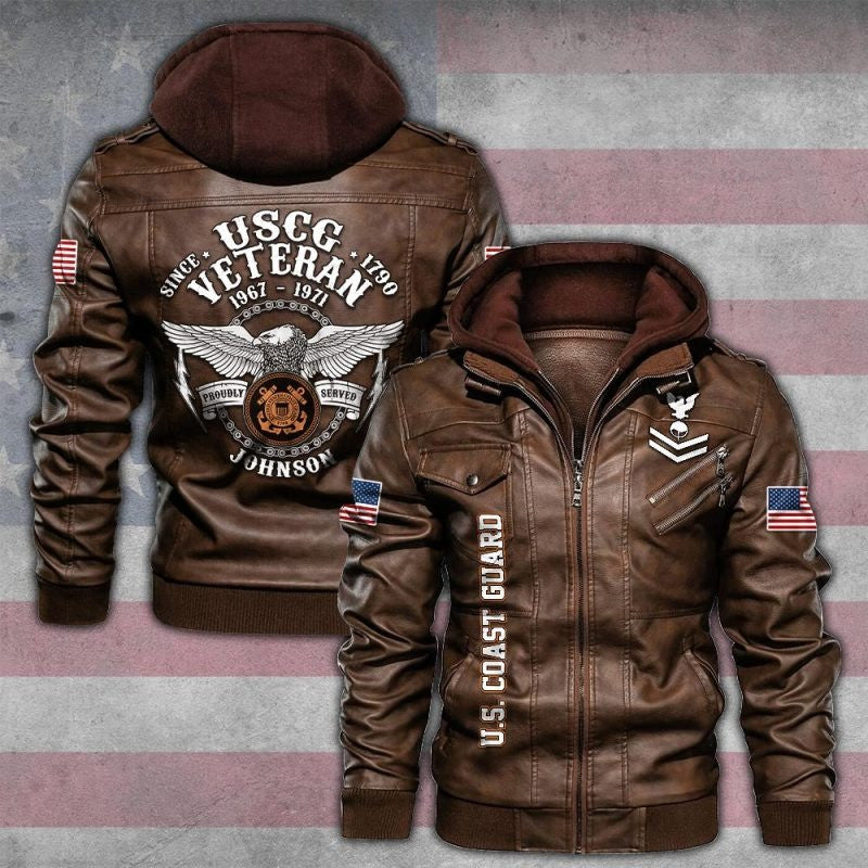 Premium Custom USCG Veteran Leather Jacket, Gifts For Coast Guard Veteran, Gifts On Father's Day, Veterans Day.