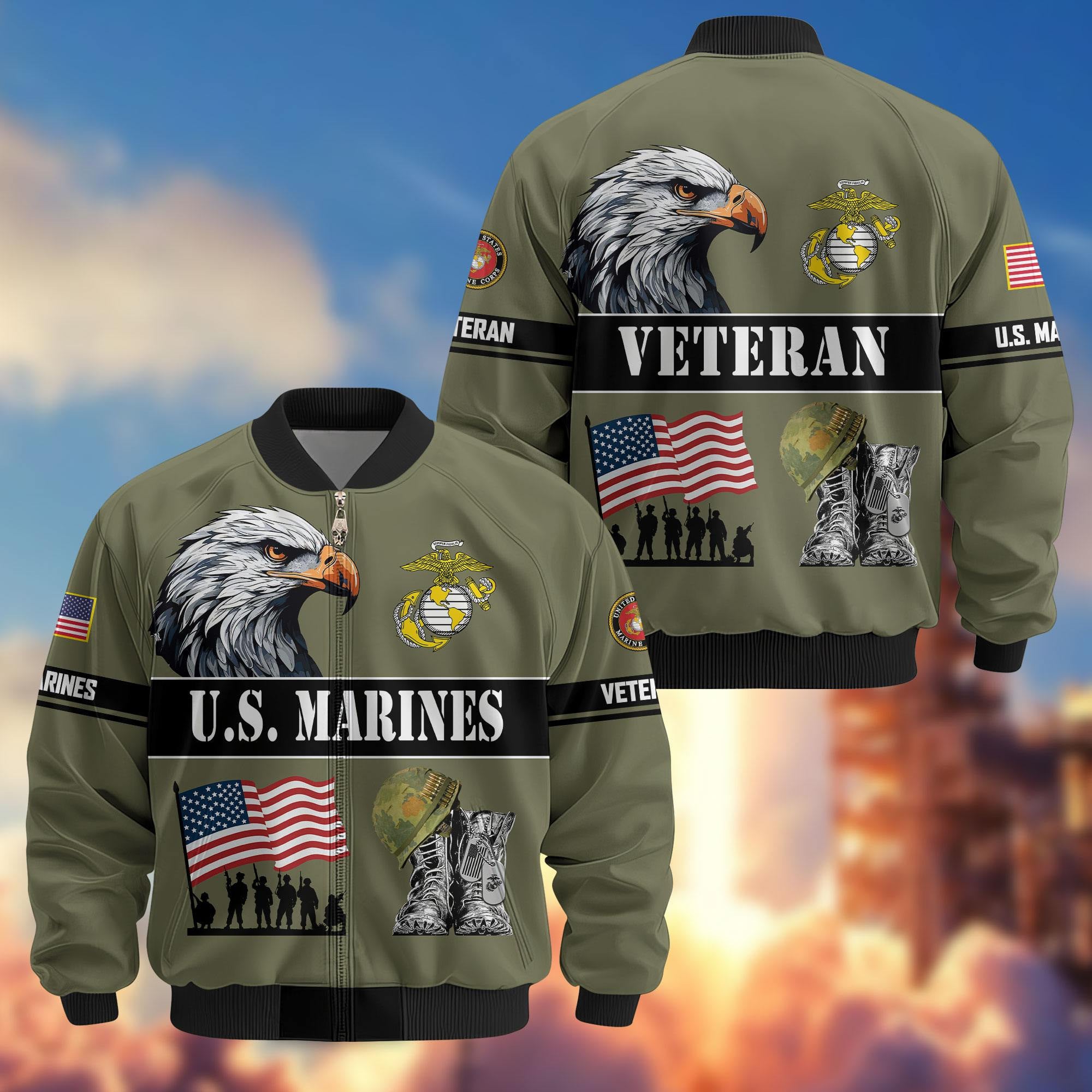 Premium US Veterans Bomber Jacket, Gifts For US Veterans, Gifts On Father's Day, Veterans Day.