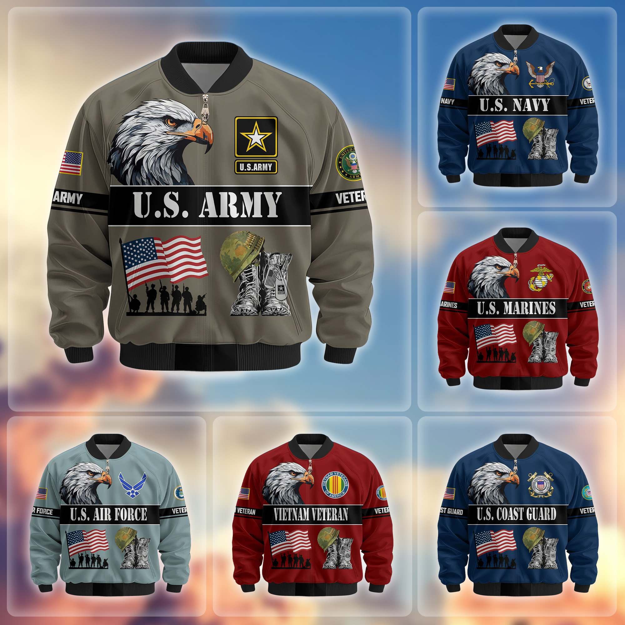 Premium US Veterans Bomber Jacket, Gifts For US Veterans, Gifts On Father's Day, Veterans Day.