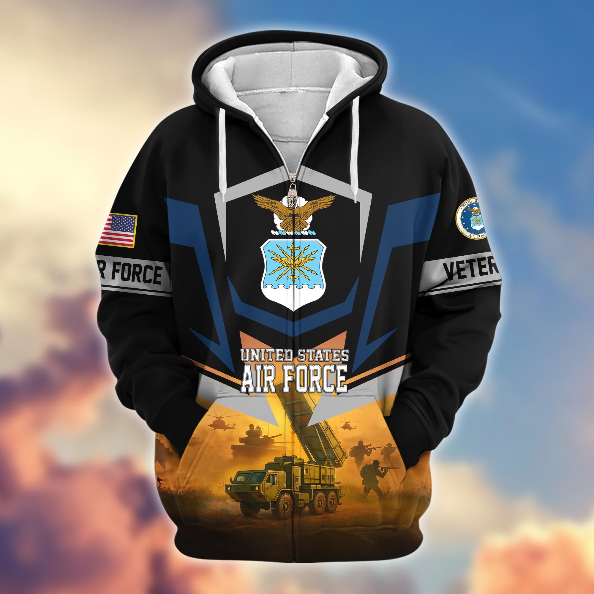 Premium US Veterans Zip Hoodie, Gifts For US Veterans, Gifts On Father's Day, Veterans Day.