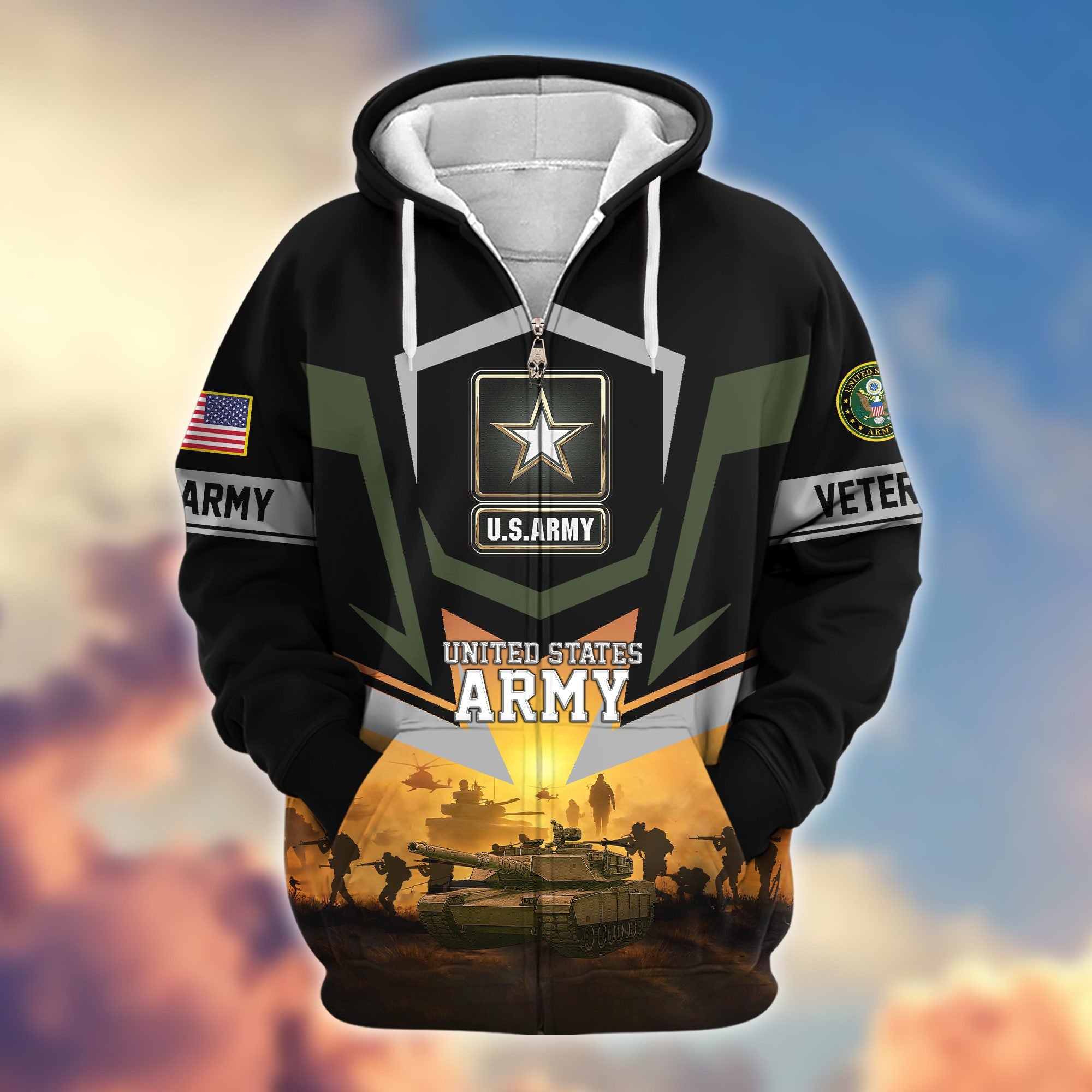 Premium US Veterans Zip Hoodie, Gifts For US Veterans, Gifts On Father's Day, Veterans Day.