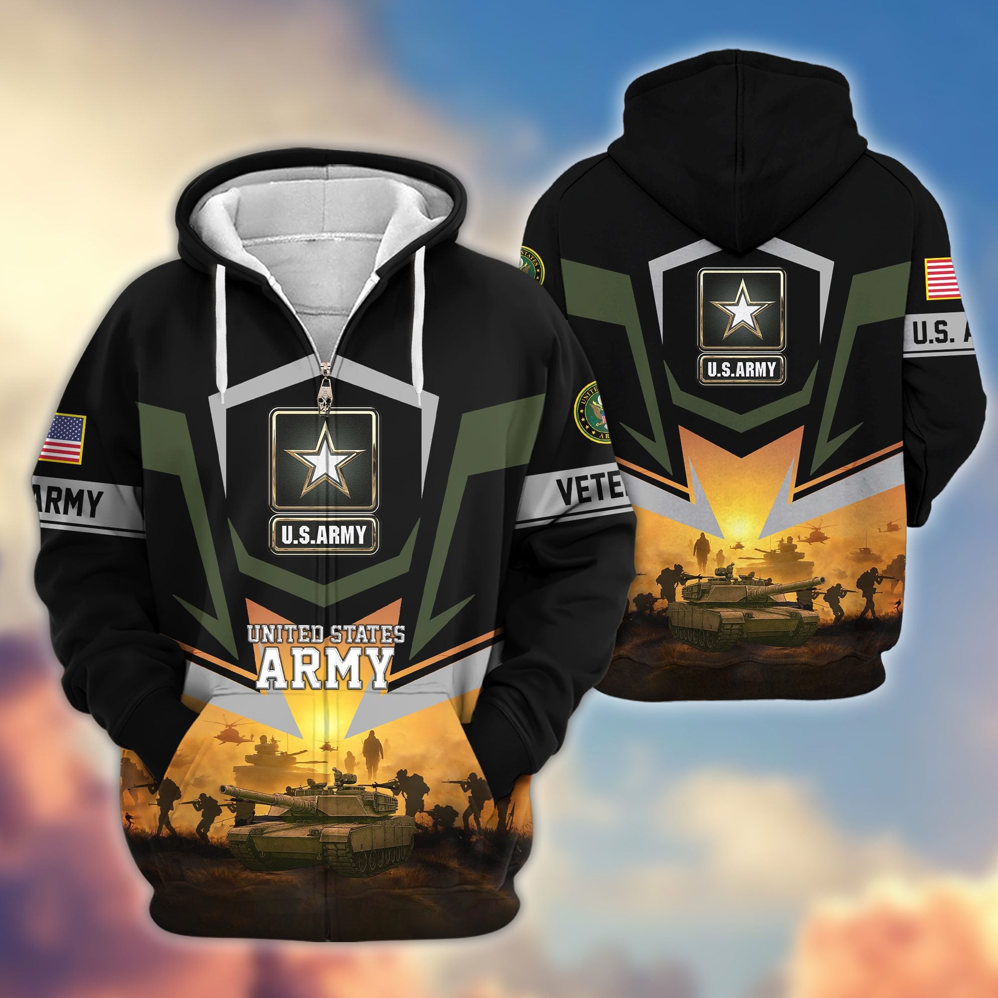 Premium US Veterans Zip Hoodie, Gifts For US Veterans, Gifts On Father's Day, Veterans Day.