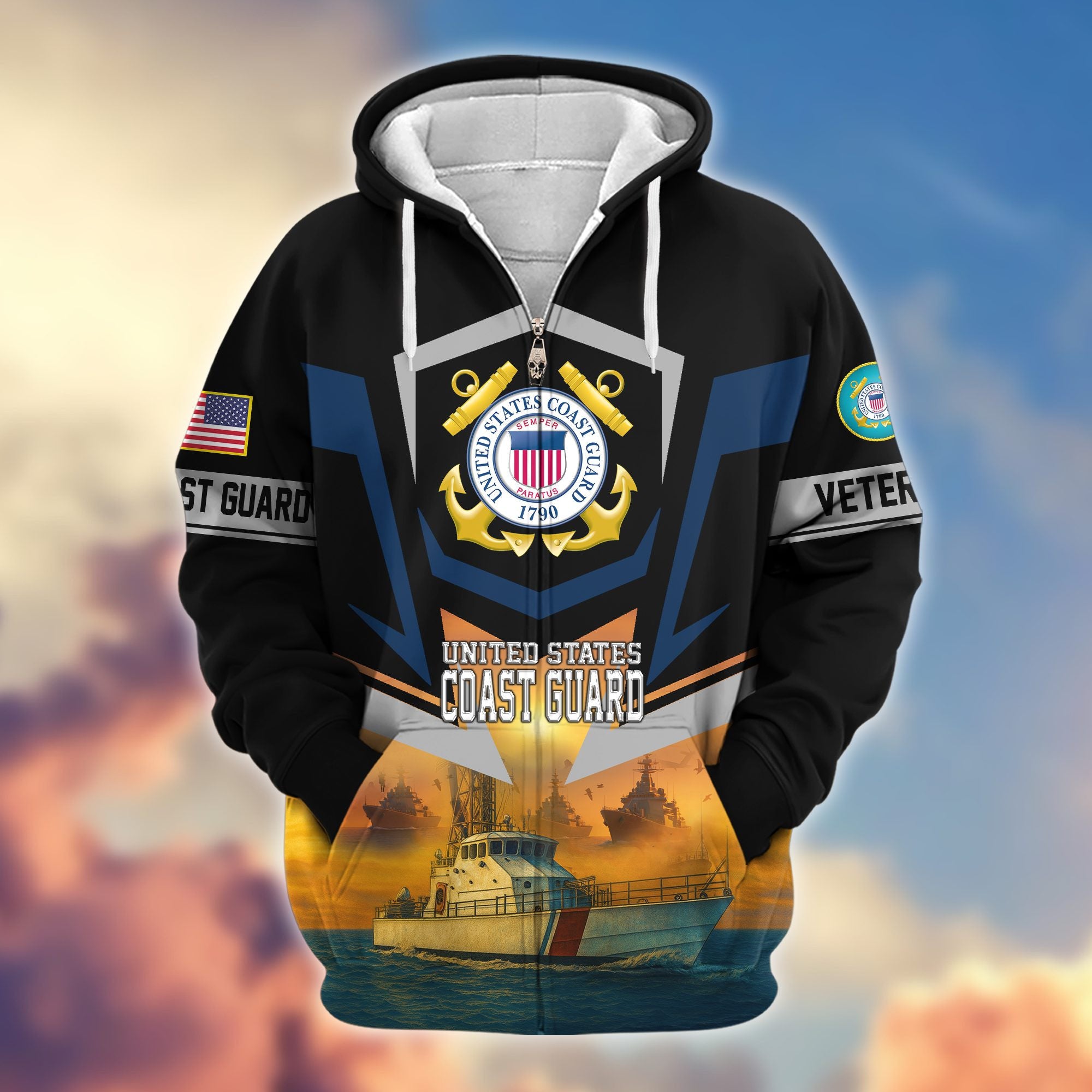 Premium US Veterans Zip Hoodie, Gifts For US Veterans, Gifts On Father's Day, Veterans Day.