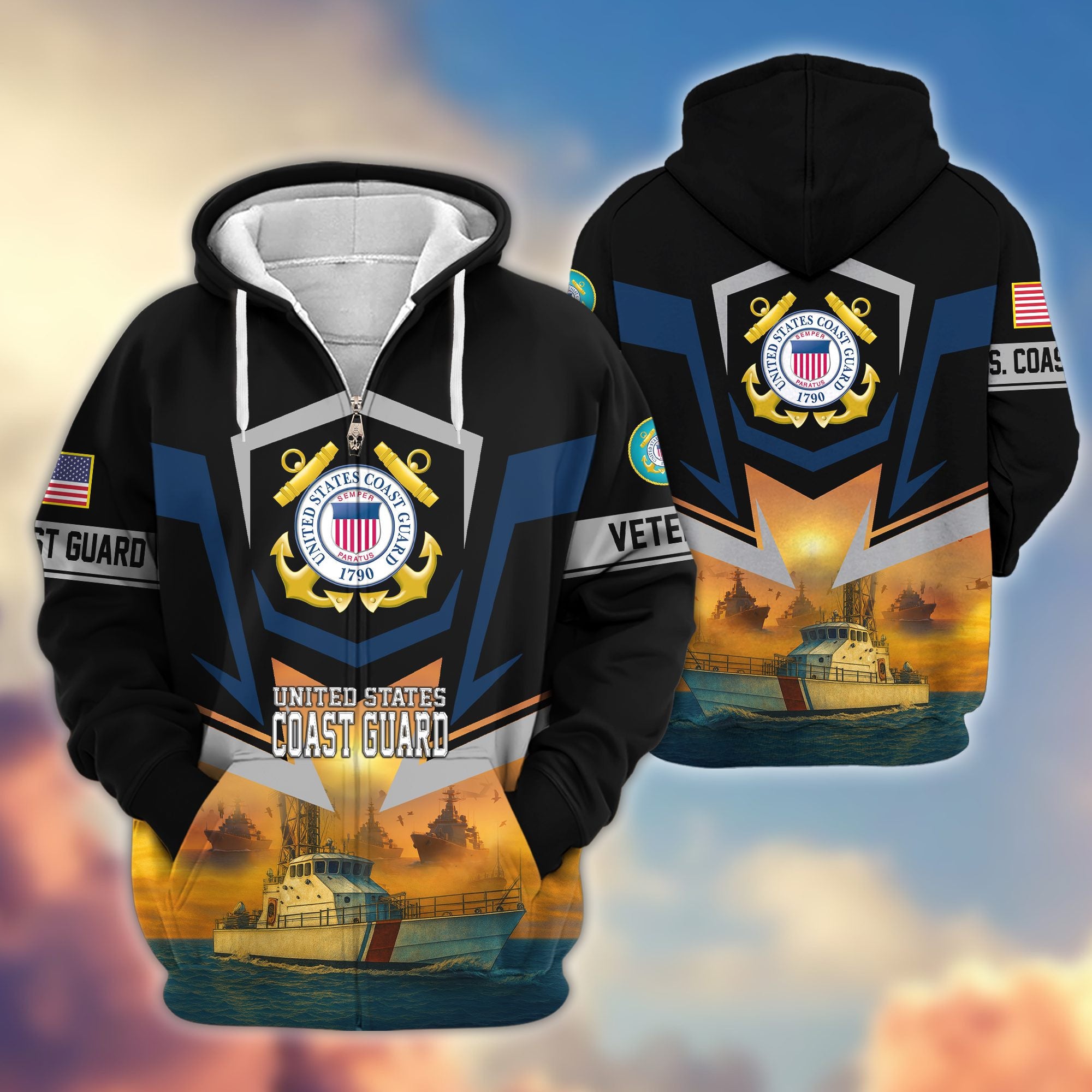 Premium US Veterans Zip Hoodie, Gifts For US Veterans, Gifts On Father's Day, Veterans Day.
