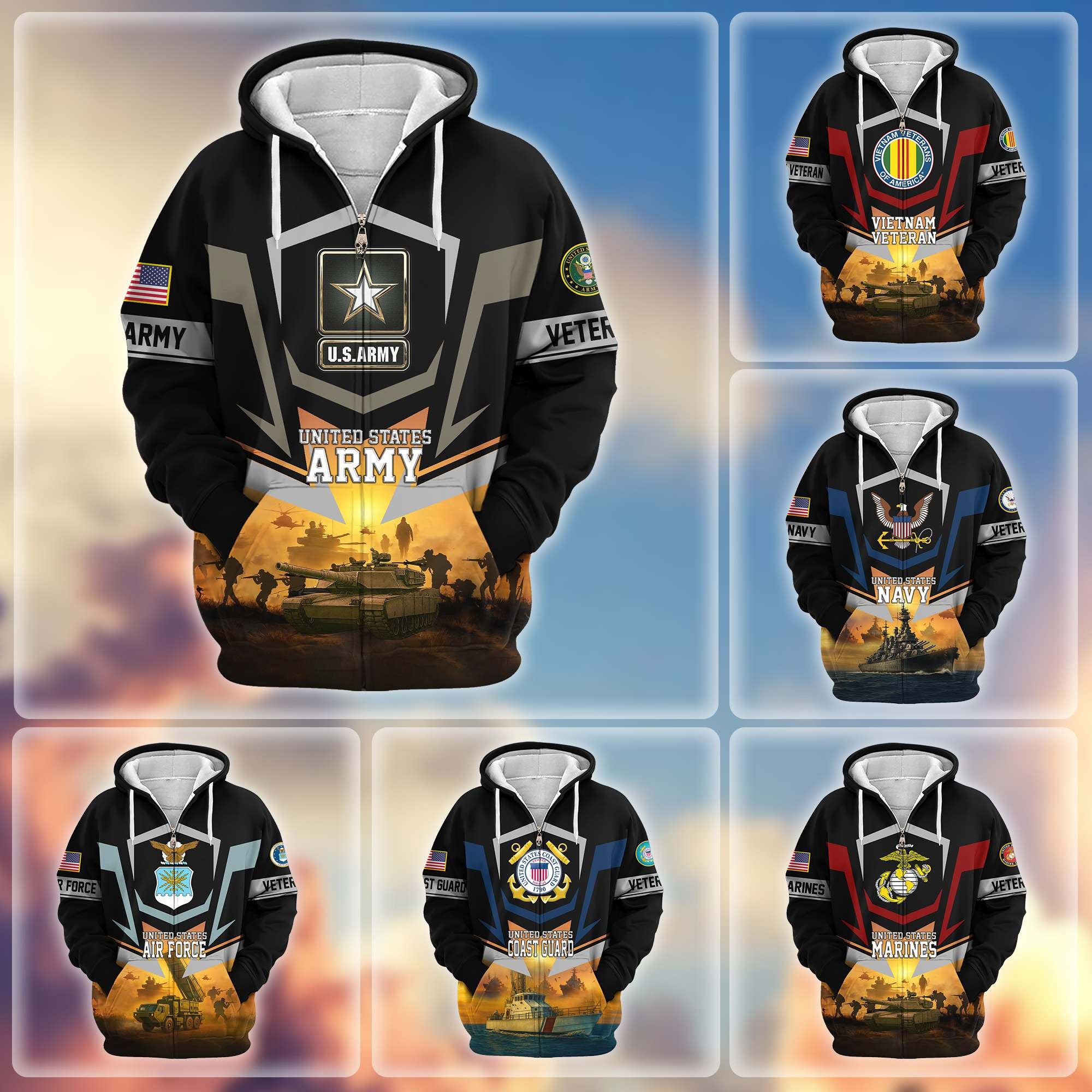 Premium US Veterans Zip Hoodie, Gifts For US Veterans, Gifts On Father's Day, Veterans Day.