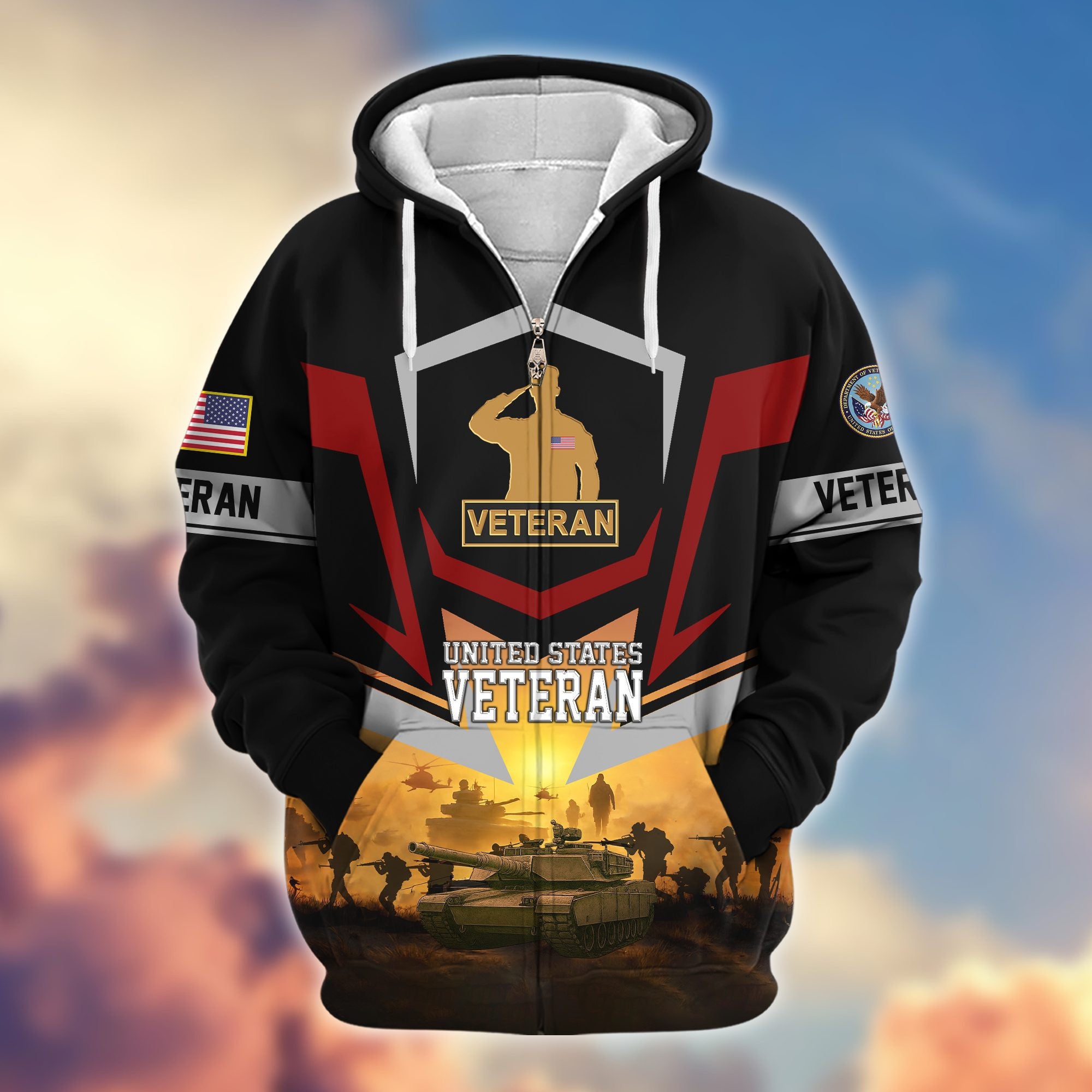 Premium US Veterans Zip Hoodie, Gifts For US Veterans, Gifts On Father's Day, Veterans Day.