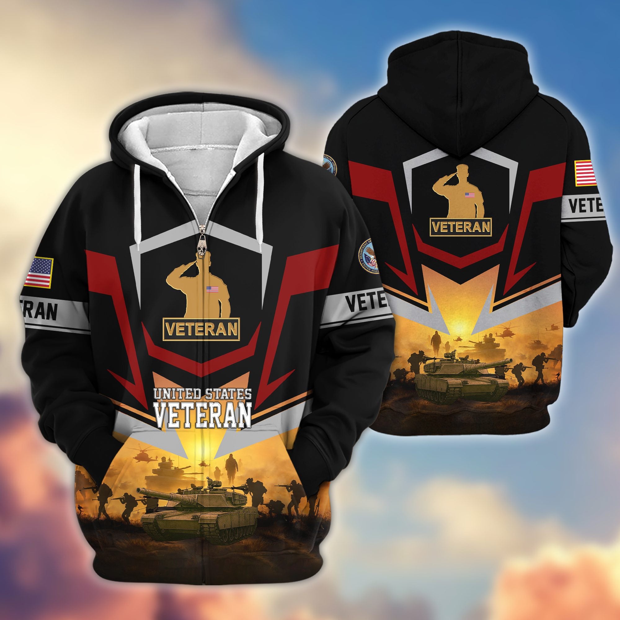 Premium US Veterans Zip Hoodie, Gifts For US Veterans, Gifts On Father's Day, Veterans Day.