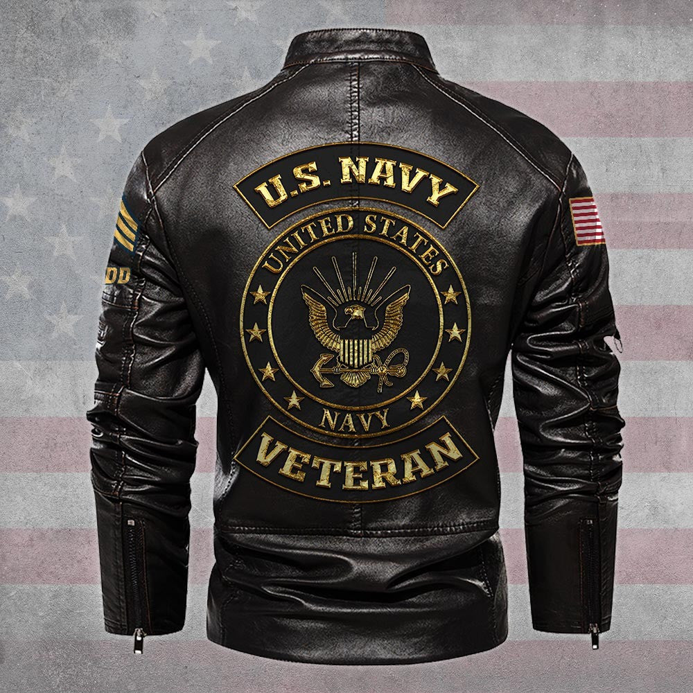 Premium Personalized US Navy Veteran Leather Jacket, Gifts For Navy Veteran, Gifts On Father's Day, Veterans Day.
