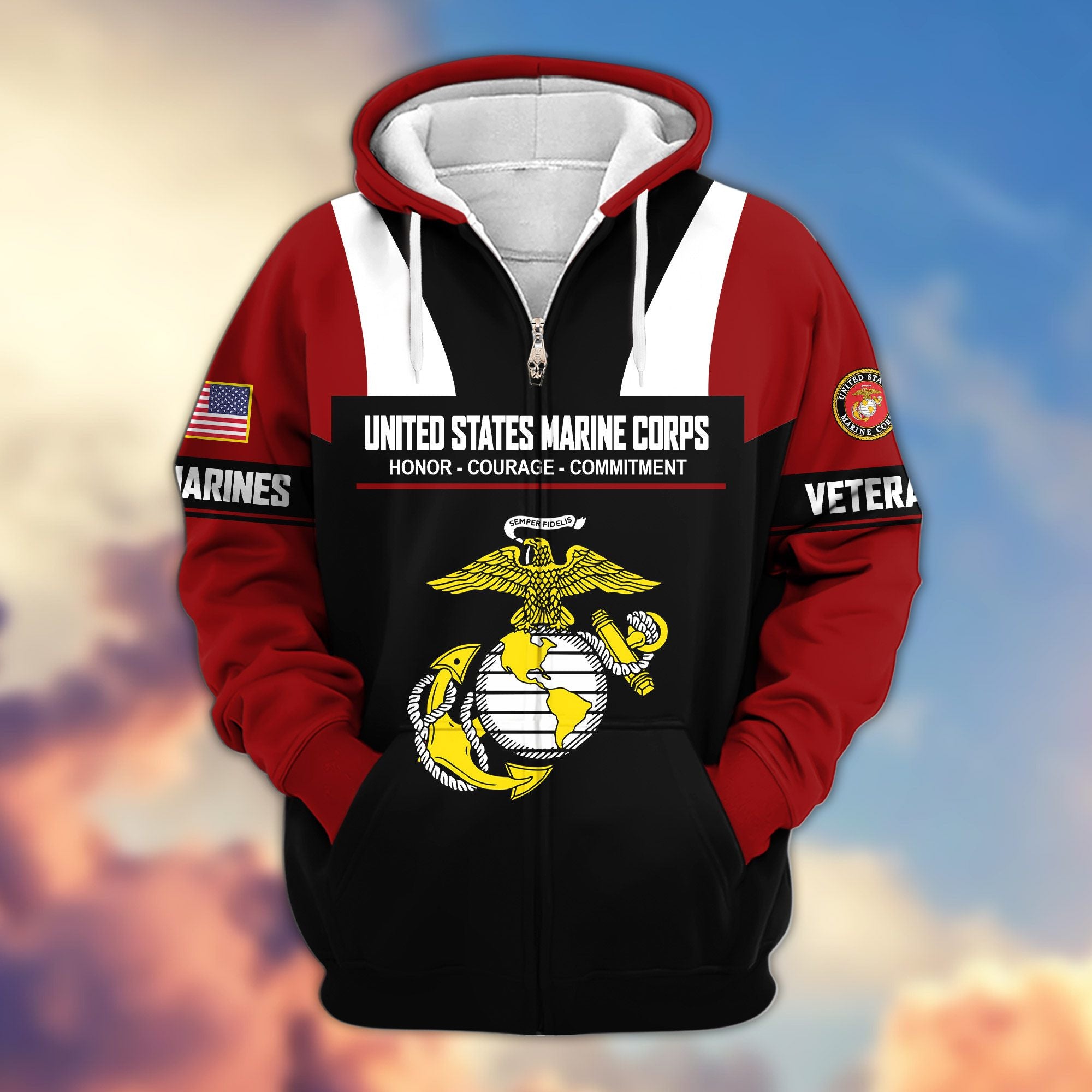 Premium US Veterans Zip Hoodie, Gifts For US Veterans, Gifts On Father's Day, Veterans Day.