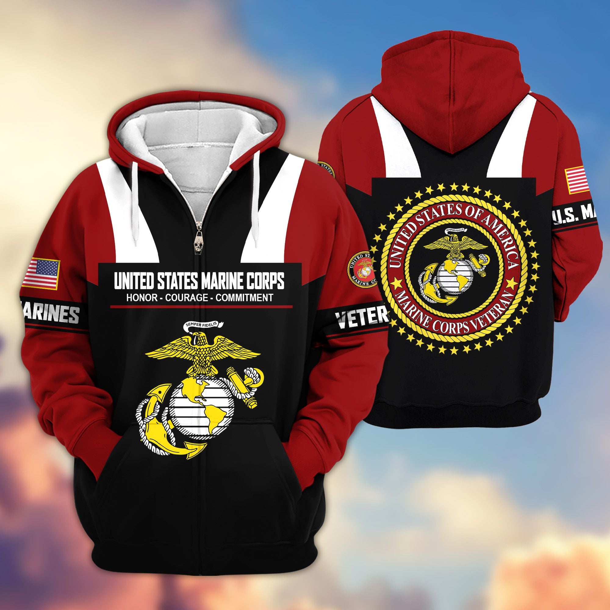 Premium US Veterans Zip Hoodie, Gifts For US Veterans, Gifts On Father's Day, Veterans Day.
