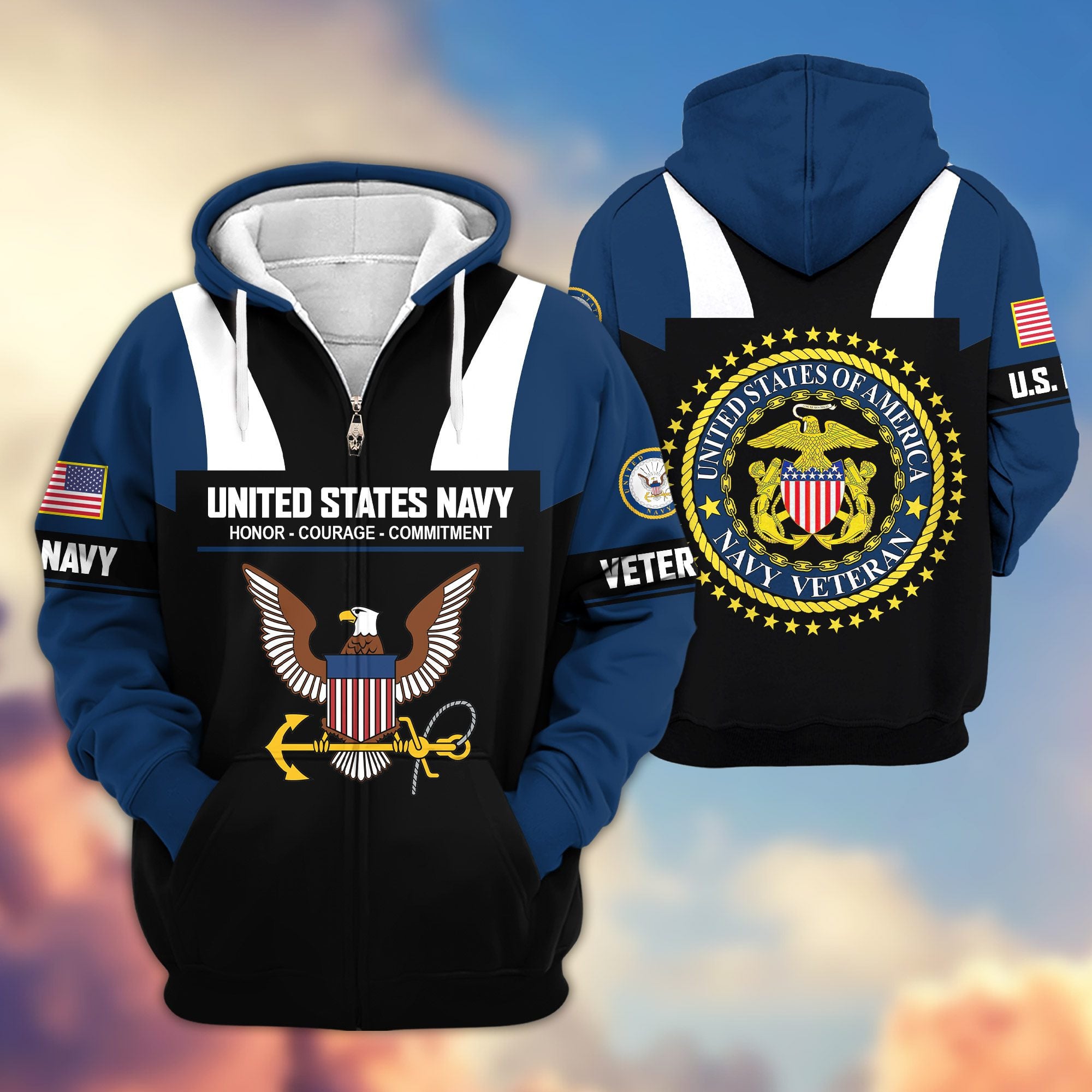 Premium US Veterans Zip Hoodie, Gifts For US Veterans, Gifts On Father's Day, Veterans Day.