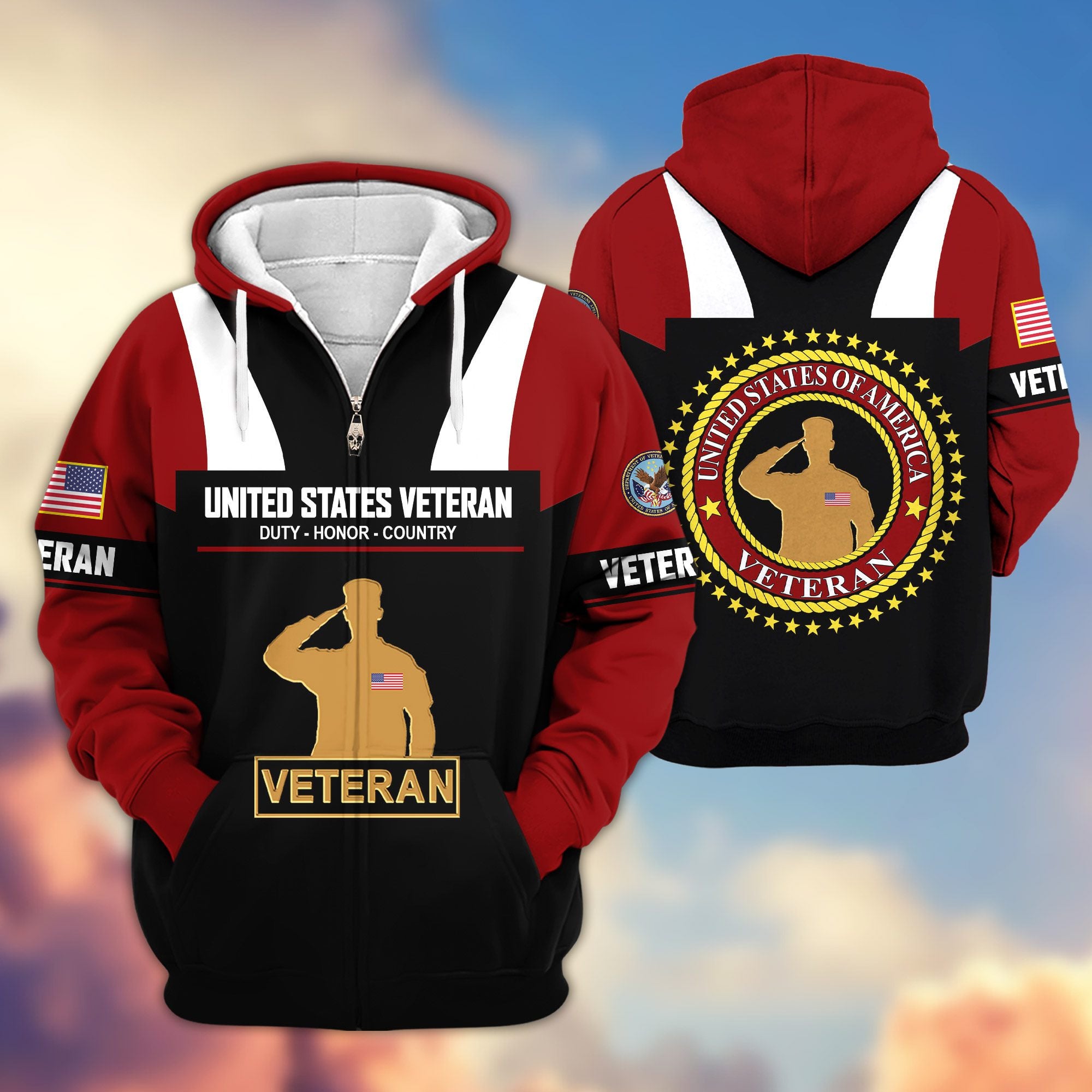 Premium US Veterans Zip Hoodie, Gifts For US Veterans, Gifts On Father's Day, Veterans Day.