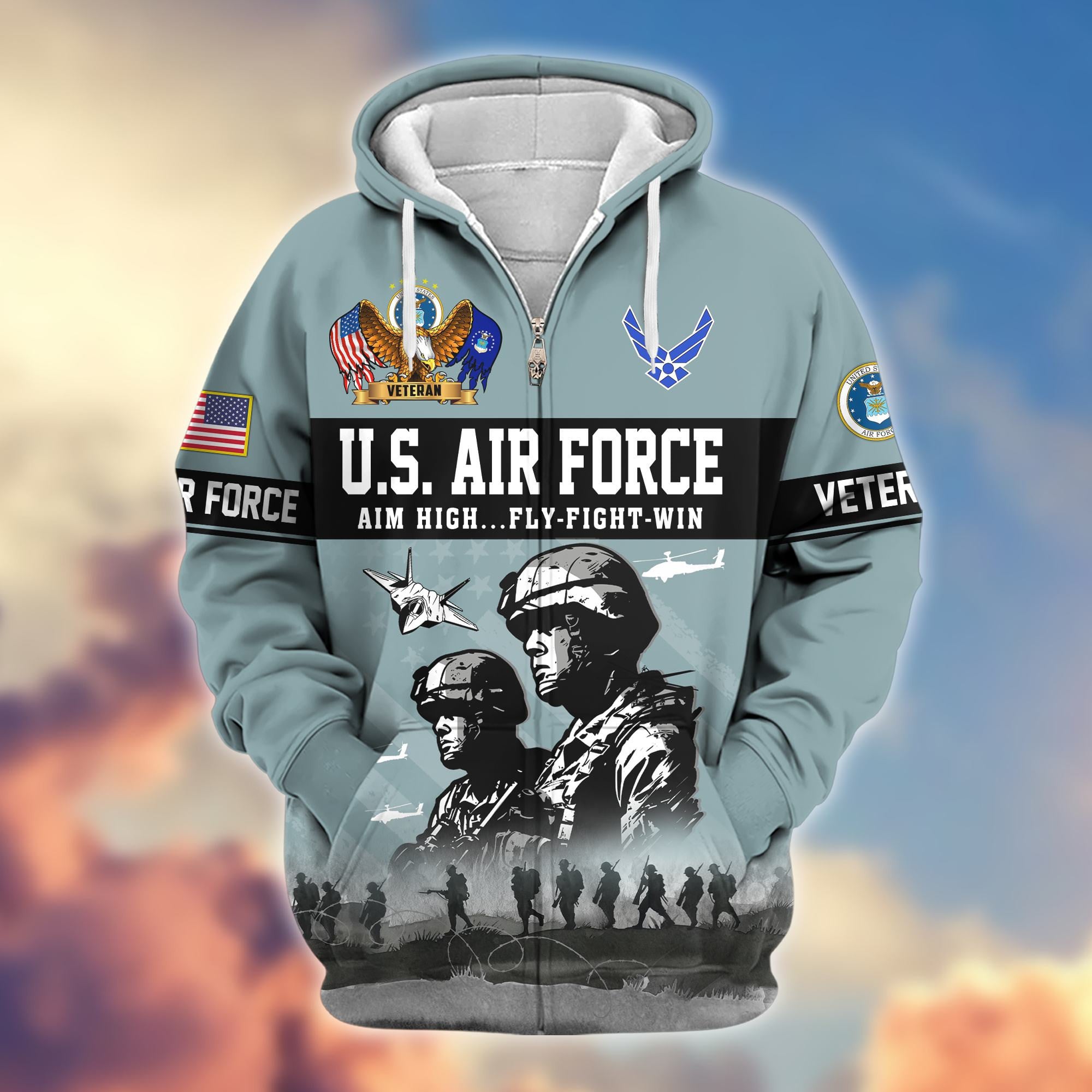 Premium US Veterans Zip Hoodie, Gifts For US Veterans, Gifts On Father's Day, Veterans Day.