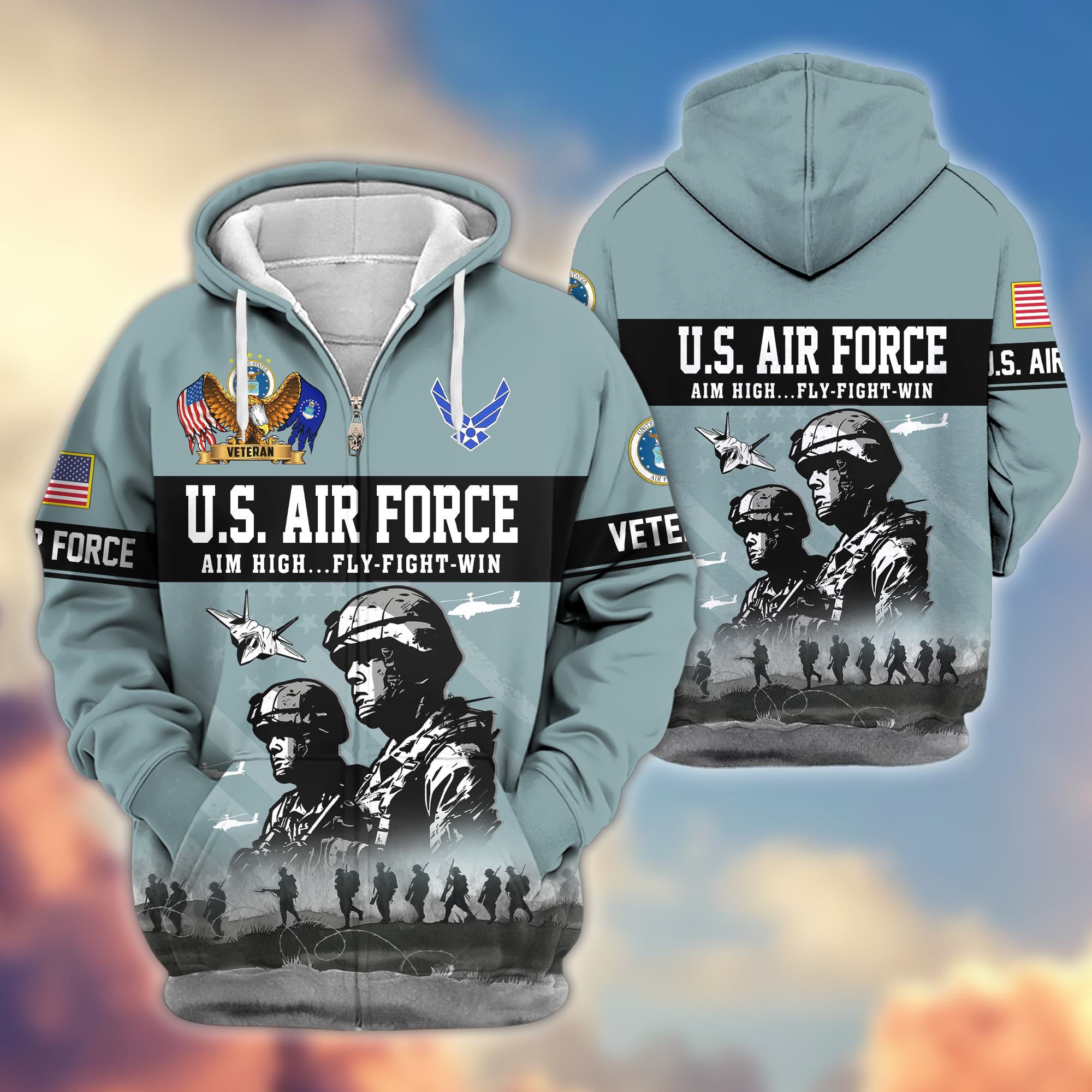 Premium US Veterans Zip Hoodie, Gifts For US Veterans, Gifts On Father's Day, Veterans Day.