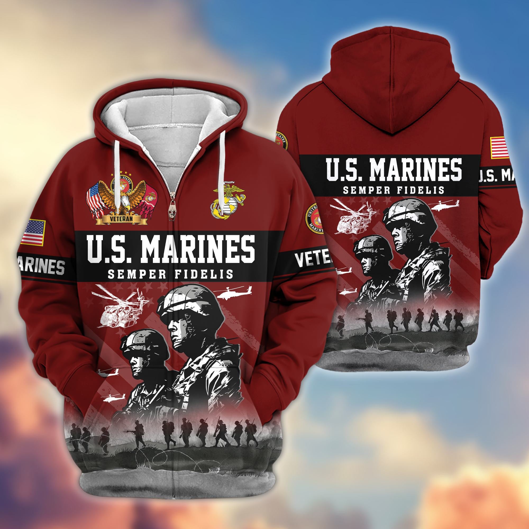 Premium US Veterans Zip Hoodie, Gifts For US Veterans, Gifts On Father's Day, Veterans Day.