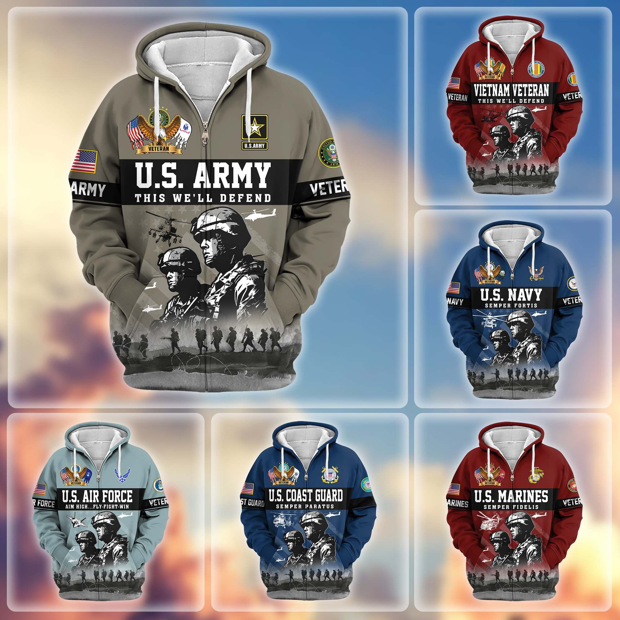 Premium US Veterans Zip Hoodie, Gifts For US Veterans, Gifts On Father's Day, Veterans Day.