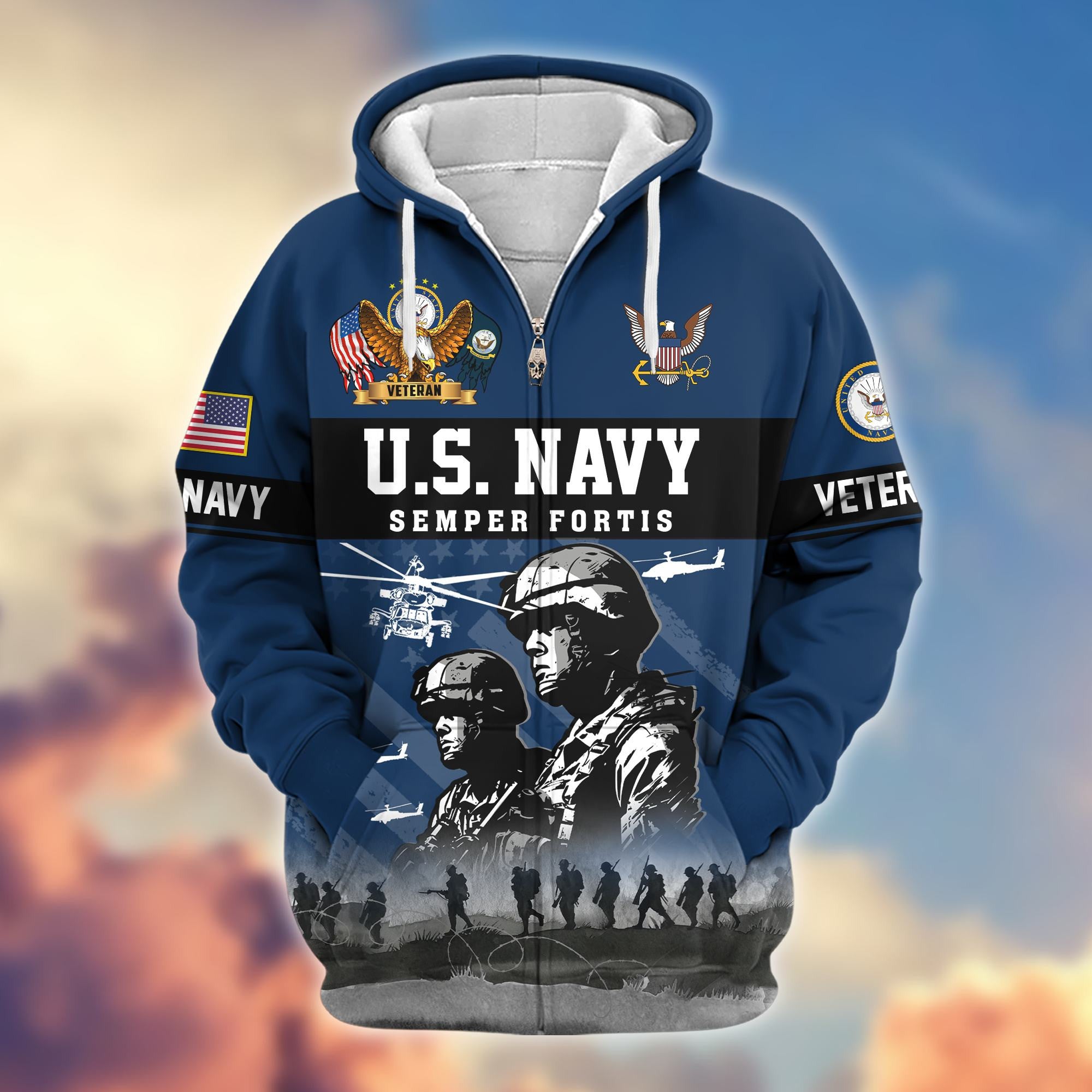 Premium US Veterans Zip Hoodie, Gifts For US Veterans, Gifts On Father's Day, Veterans Day.