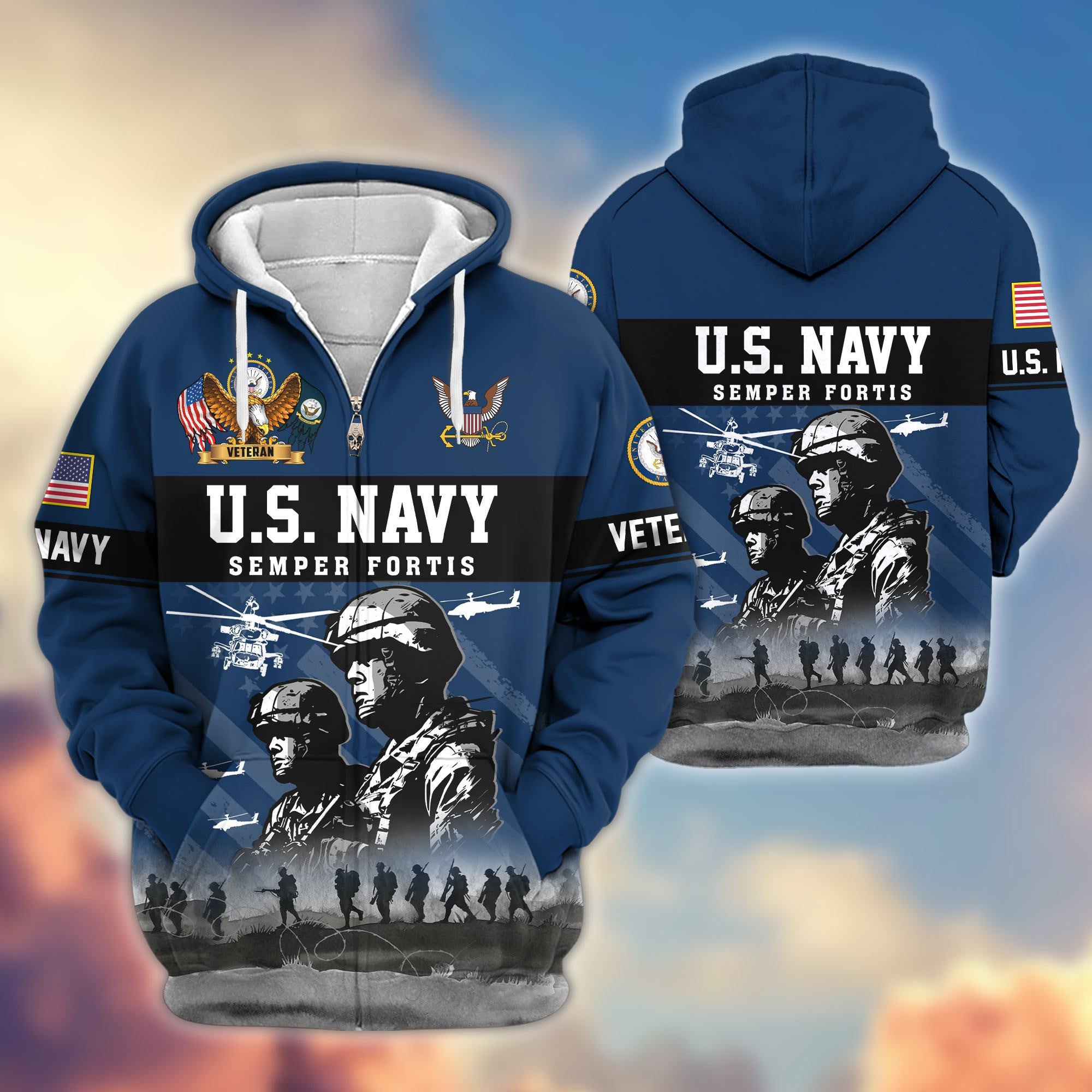 Premium US Veterans Zip Hoodie, Gifts For US Veterans, Gifts On Father's Day, Veterans Day.
