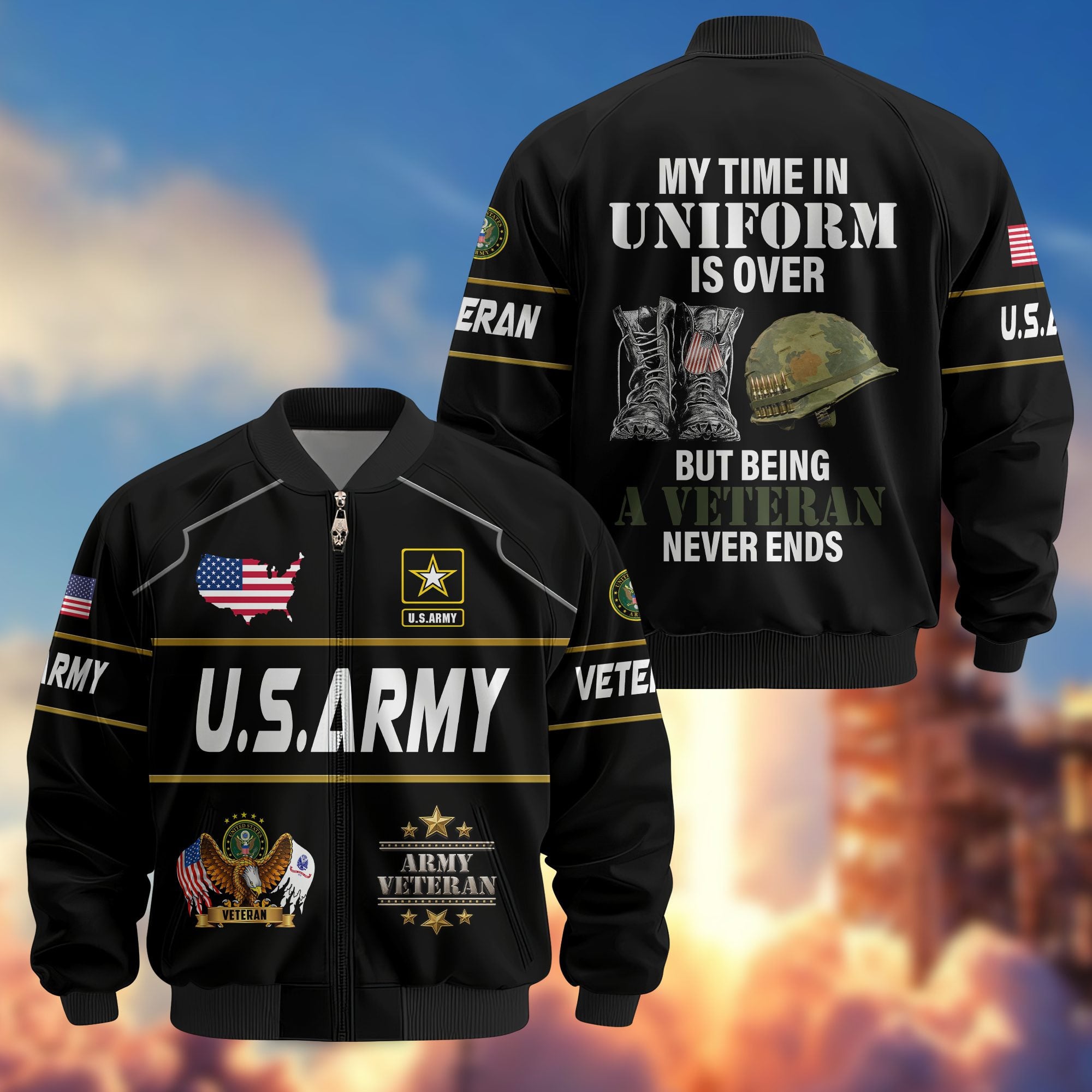 Premium US Veterans Bomber Jacket, Gifts For US Veterans, Gifts On Father's Day, Veterans Day.