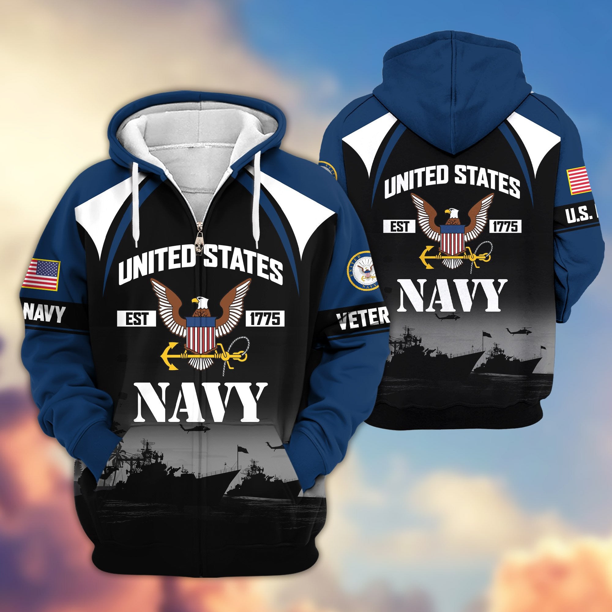Premium US Veterans Zip Hoodie, Gifts For US Veterans, Gifts On Father's Day, Veterans Day.