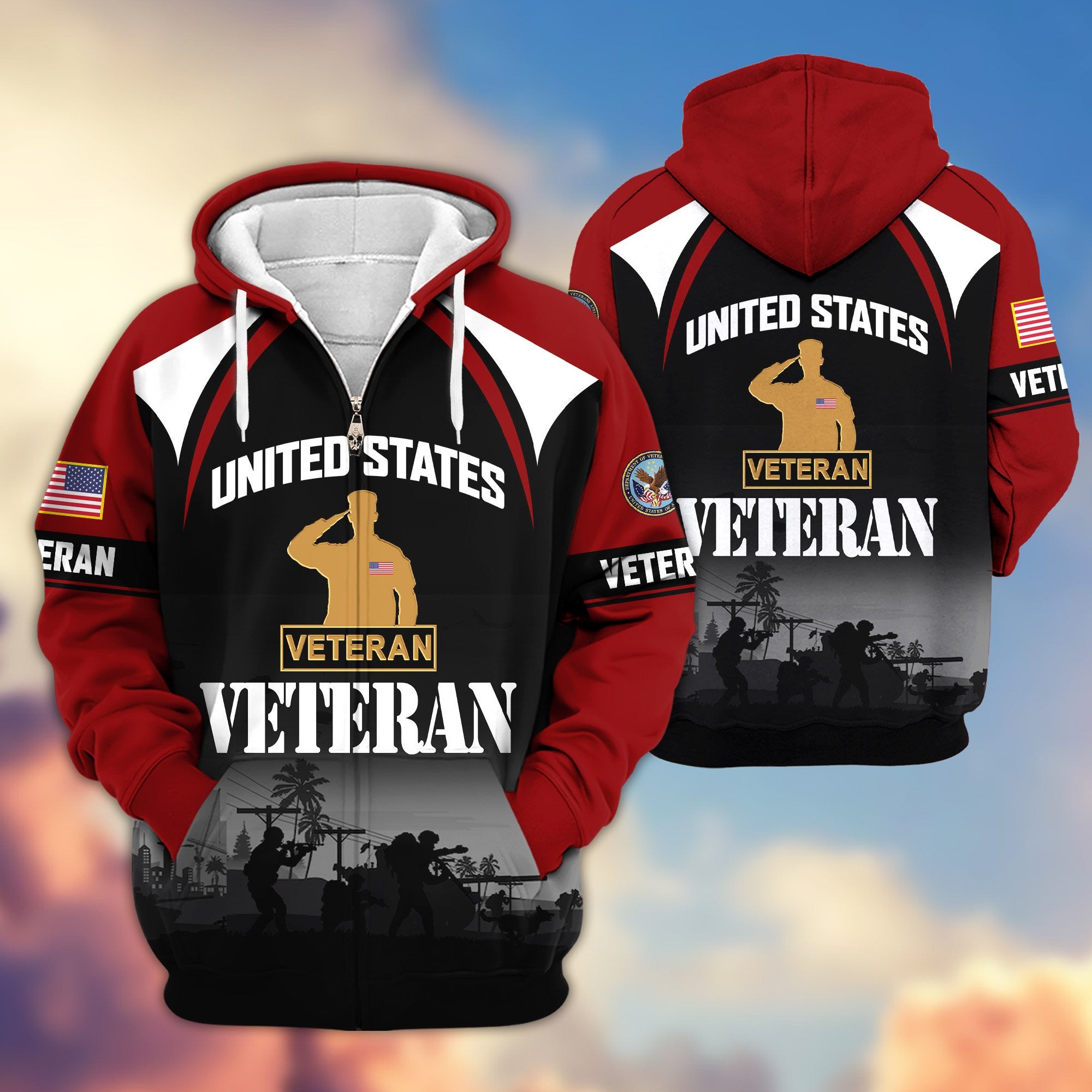 Premium US Veterans Zip Hoodie, Gifts For US Veterans, Gifts On Father's Day, Veterans Day.