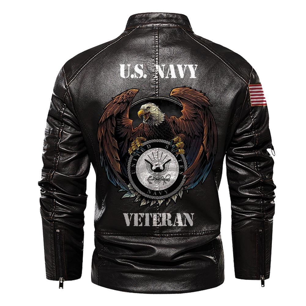 Premium US Navy Veteran Leather Jacket, Gifts For Navy Veteran, Gifts On Father's Day, Veterans Day.