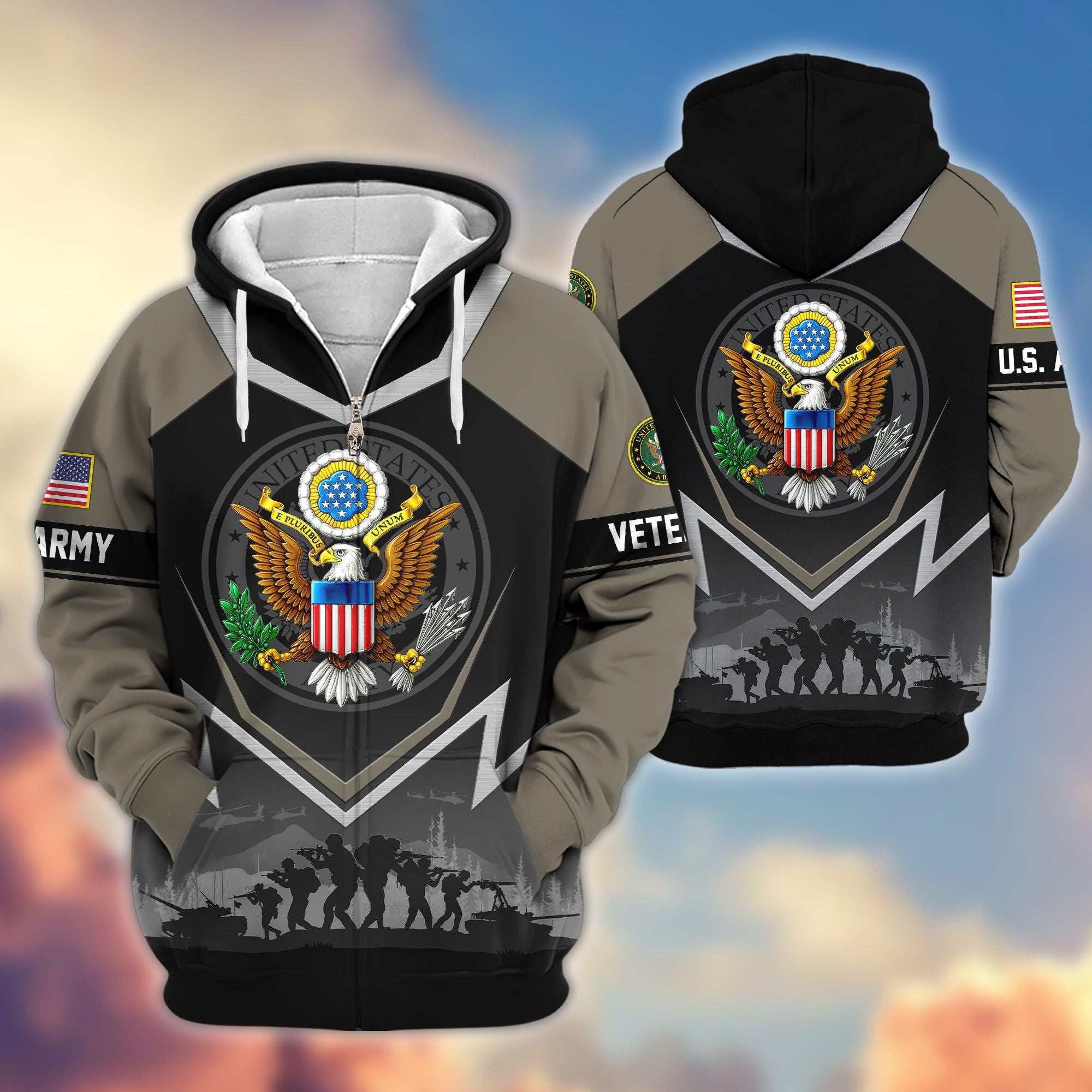 Premium US Veterans Zip Hoodie, Gifts For US Veterans, Gifts On Father's Day, Veterans Day.