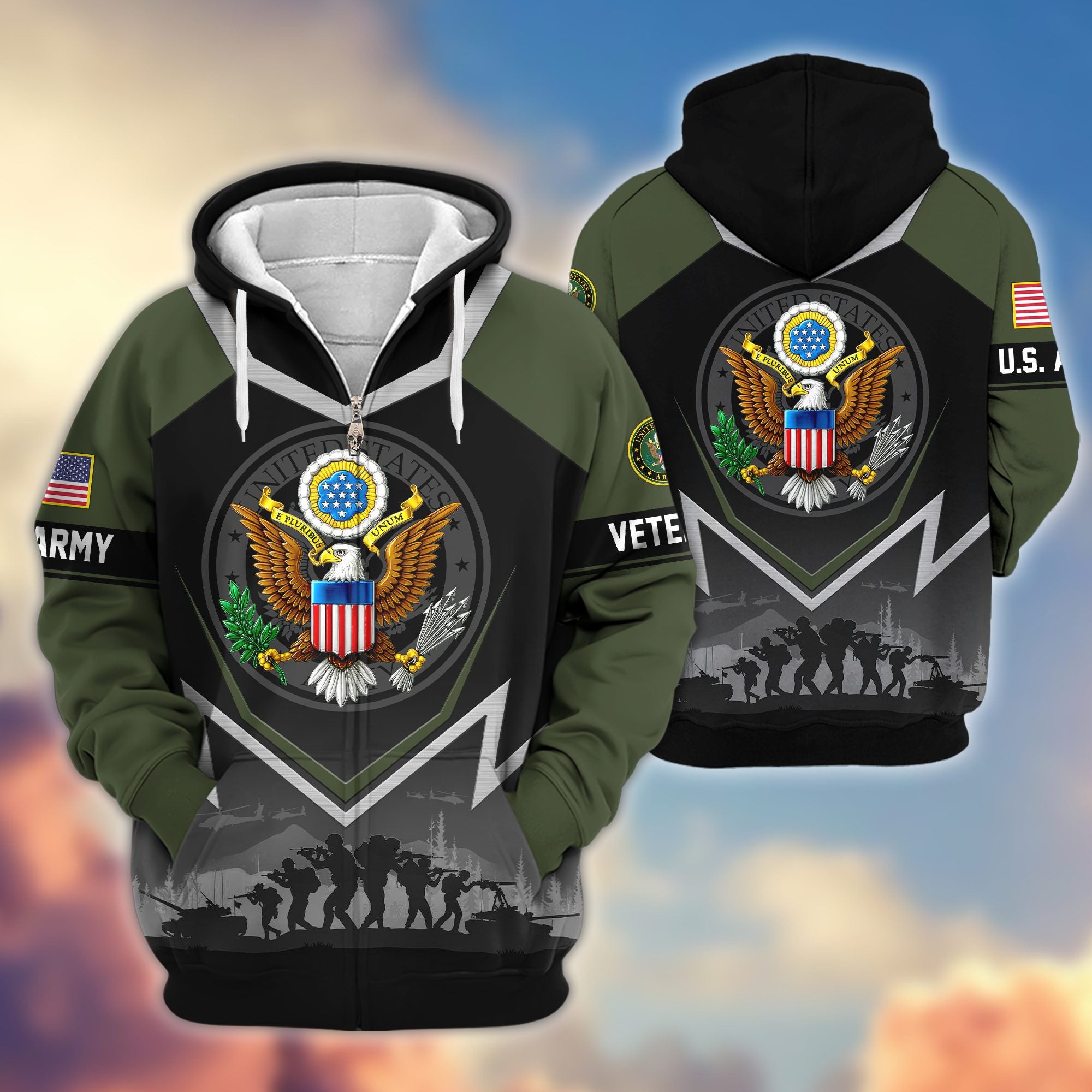 Premium US Veterans Zip Hoodie, Gifts For US Veterans, Gifts On Father's Day, Veterans Day.