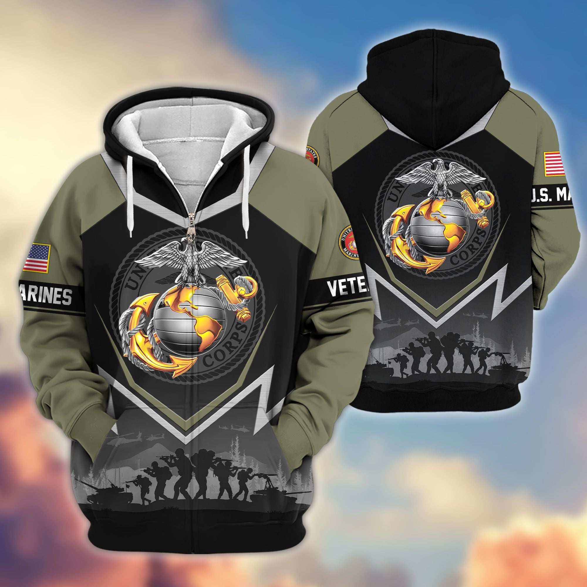 Premium US Veterans Zip Hoodie, Gifts For US Veterans, Gifts On Father's Day, Veterans Day.