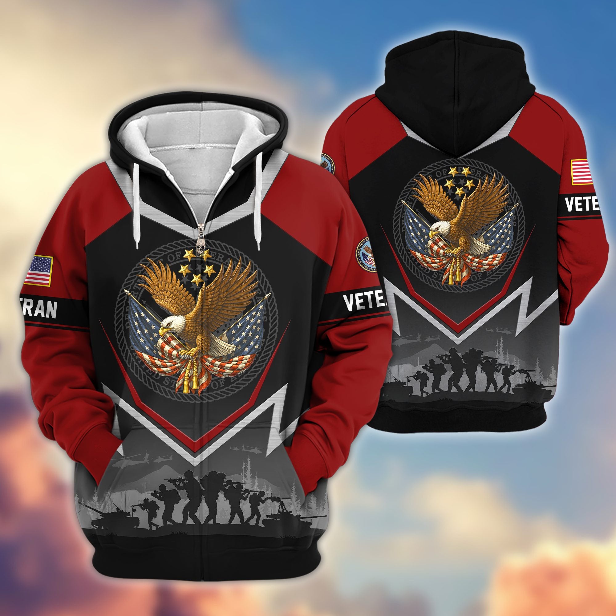 Premium US Veterans Zip Hoodie, Gifts For US Veterans, Gifts On Father's Day, Veterans Day.