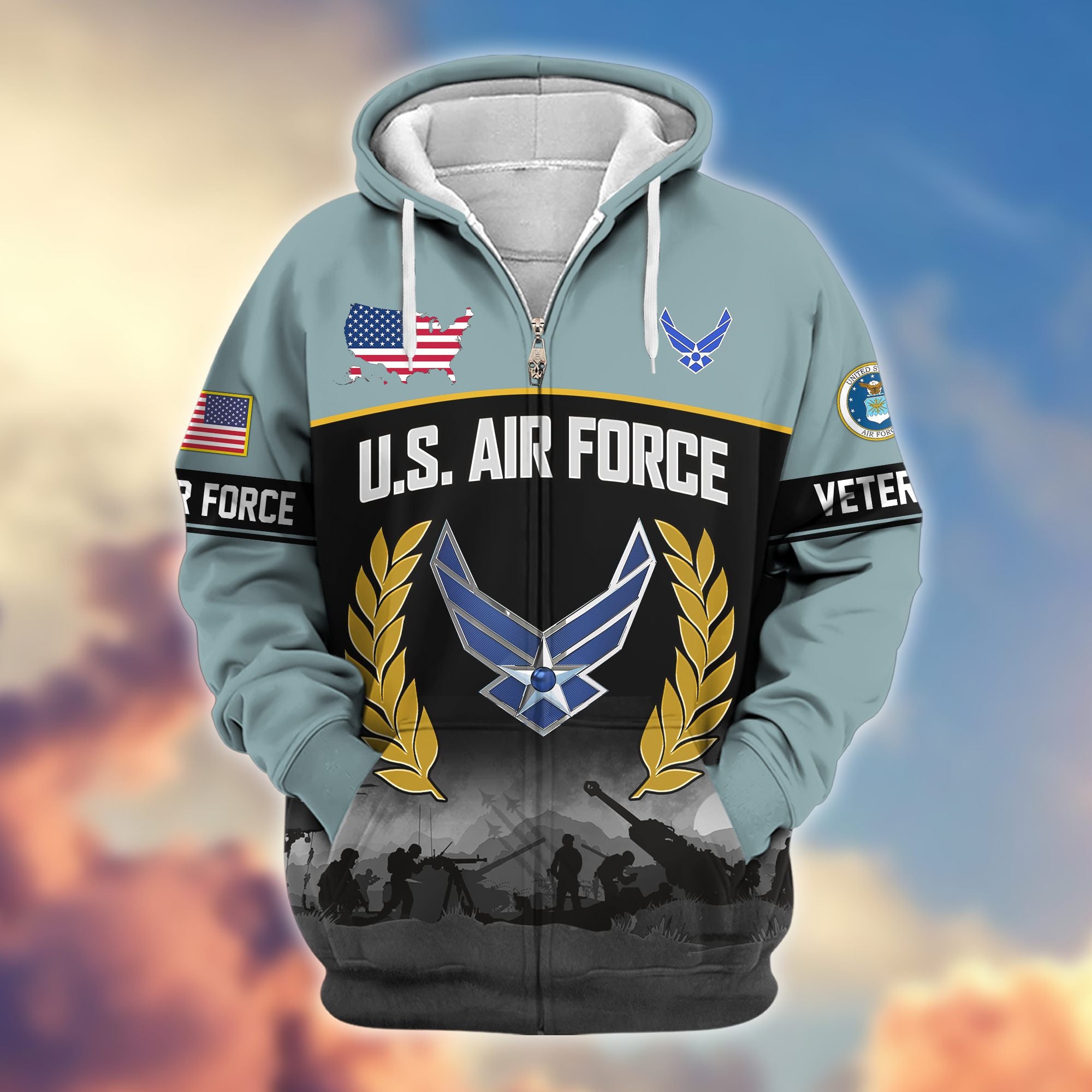 Premium US Veterans Zip Hoodie, Gifts For US Veterans, Gifts On Father's Day, Veterans Day.