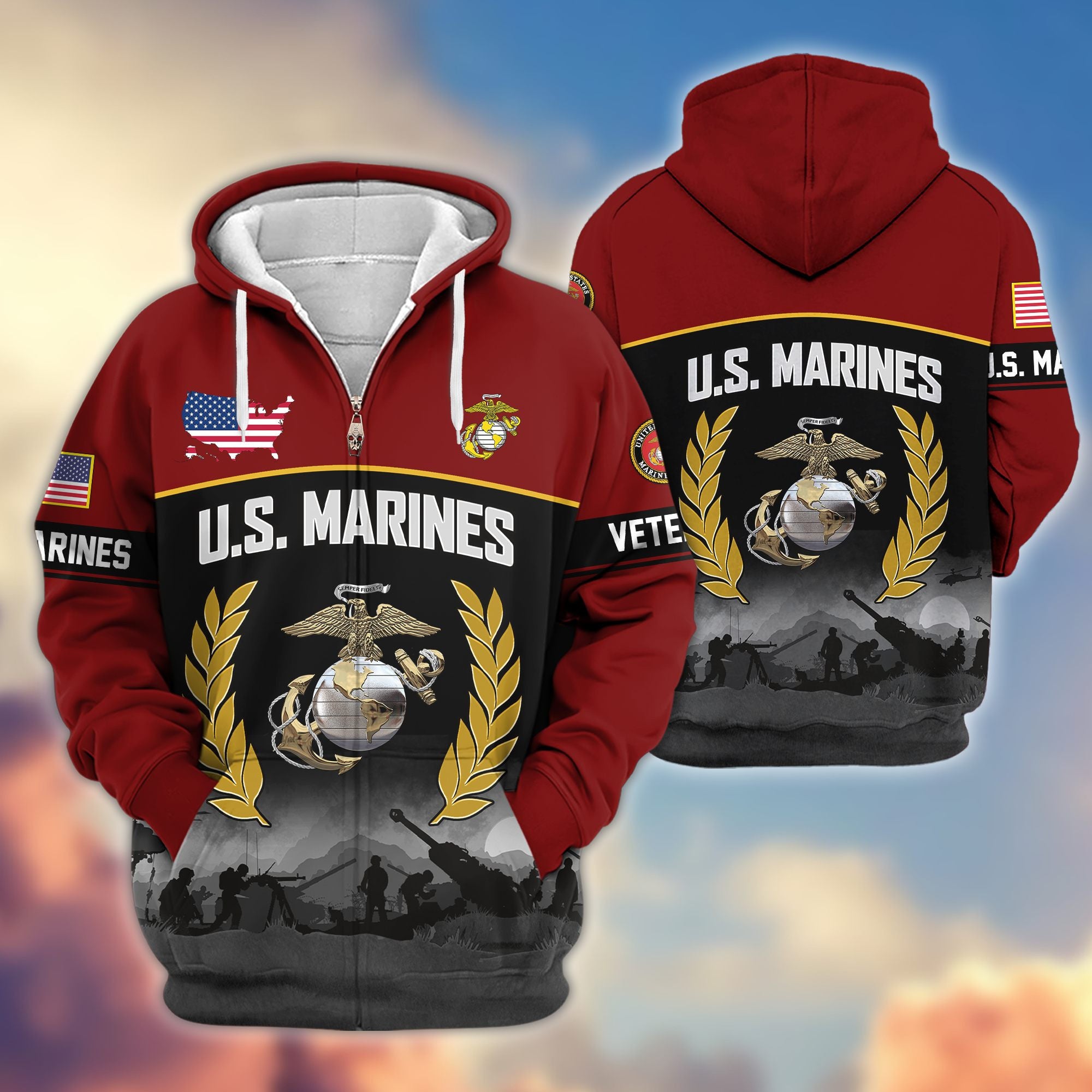Premium US Veterans Zip Hoodie, Gifts For US Veterans, Gifts On Father's Day, Veterans Day.