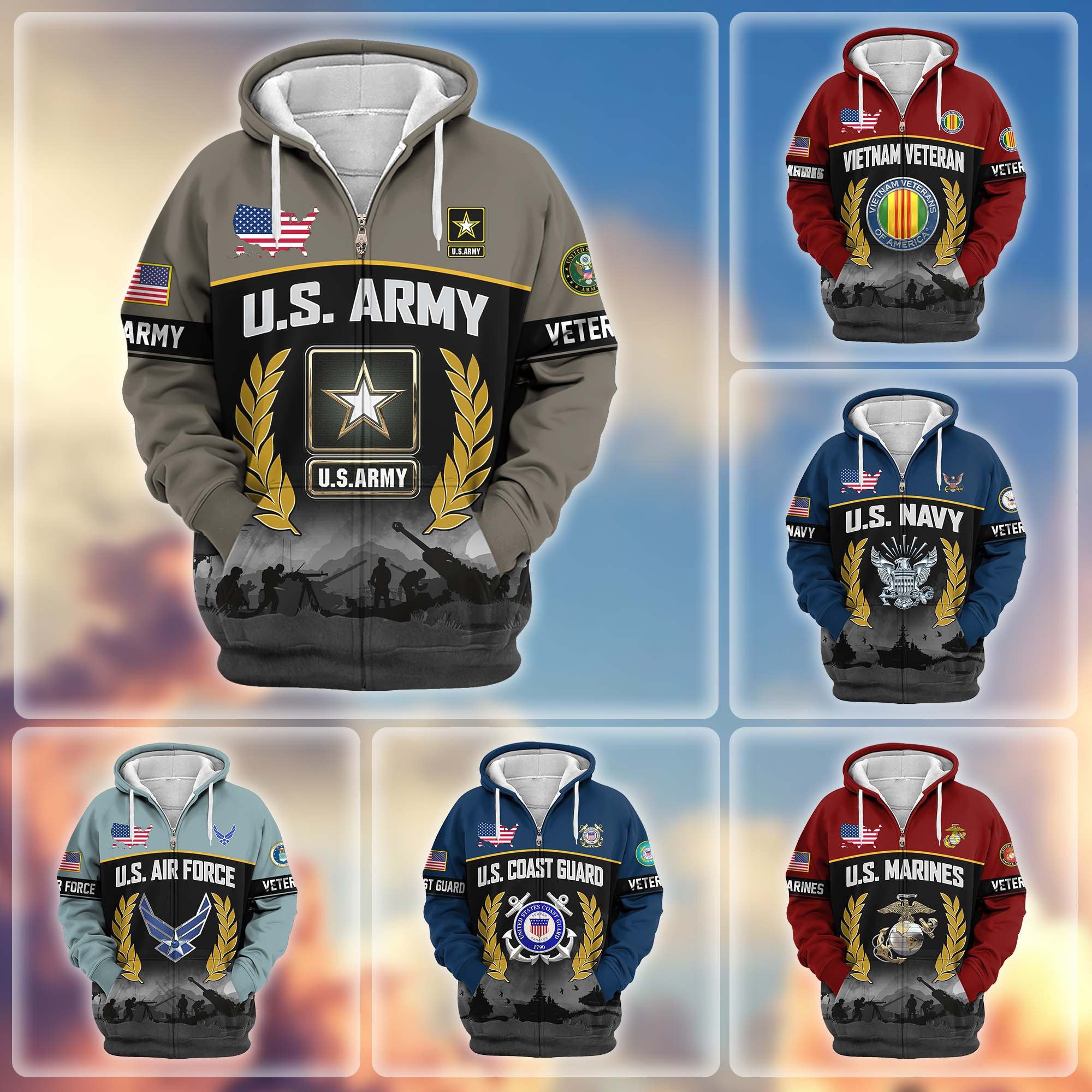 Premium US Veterans Zip Hoodie, Gifts For US Veterans, Gifts On Father's Day, Veterans Day.
